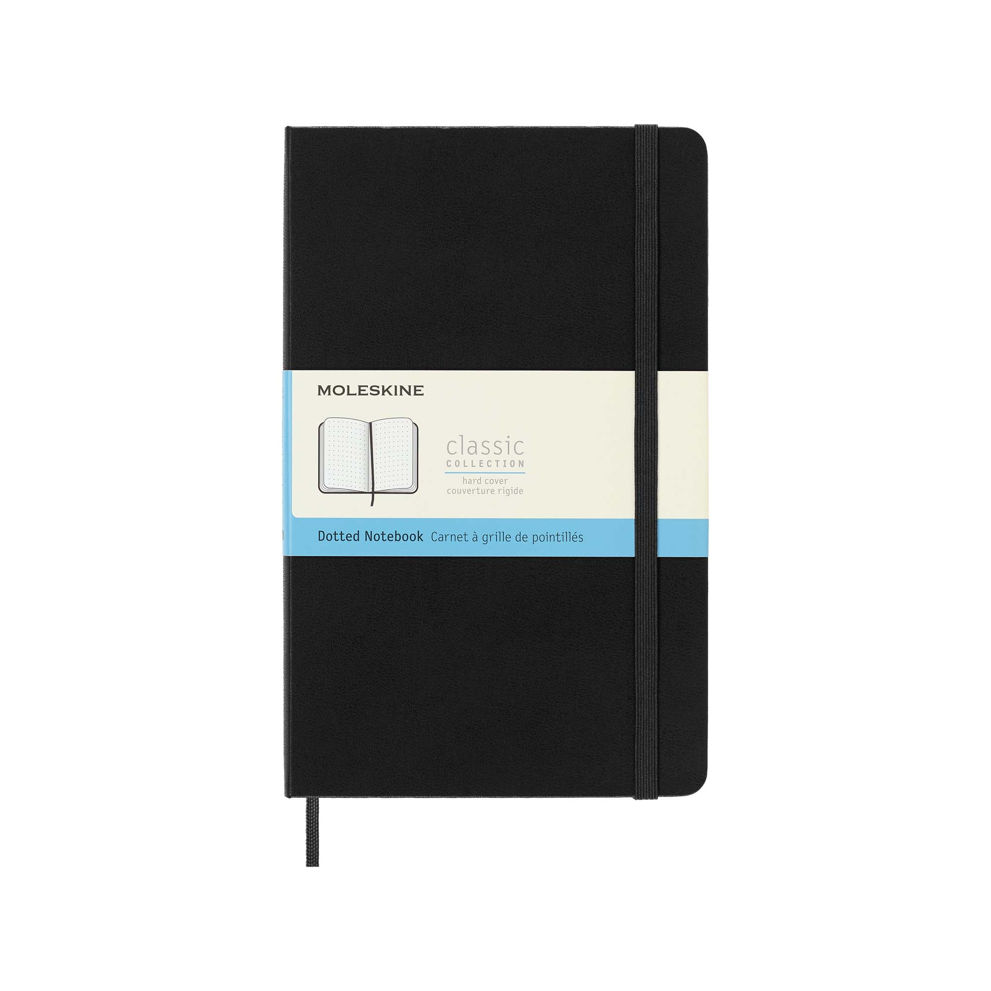 Ein schwarzes Moleskine-Notizbuch mit weißem und blauem Etikett, schwarzem Gummiband und schwarzem Lesezeichen.