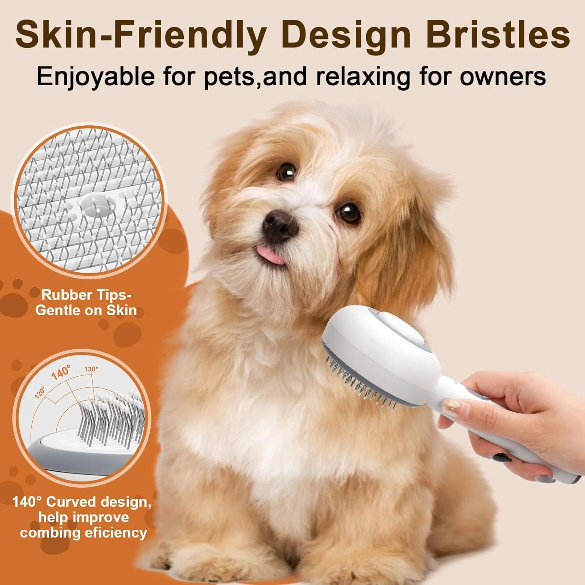 Ein Hund wird mit einer weißen und grauen Bürste von einer Hand gebürstet. Text weist auf hautfreundliches Design hin.