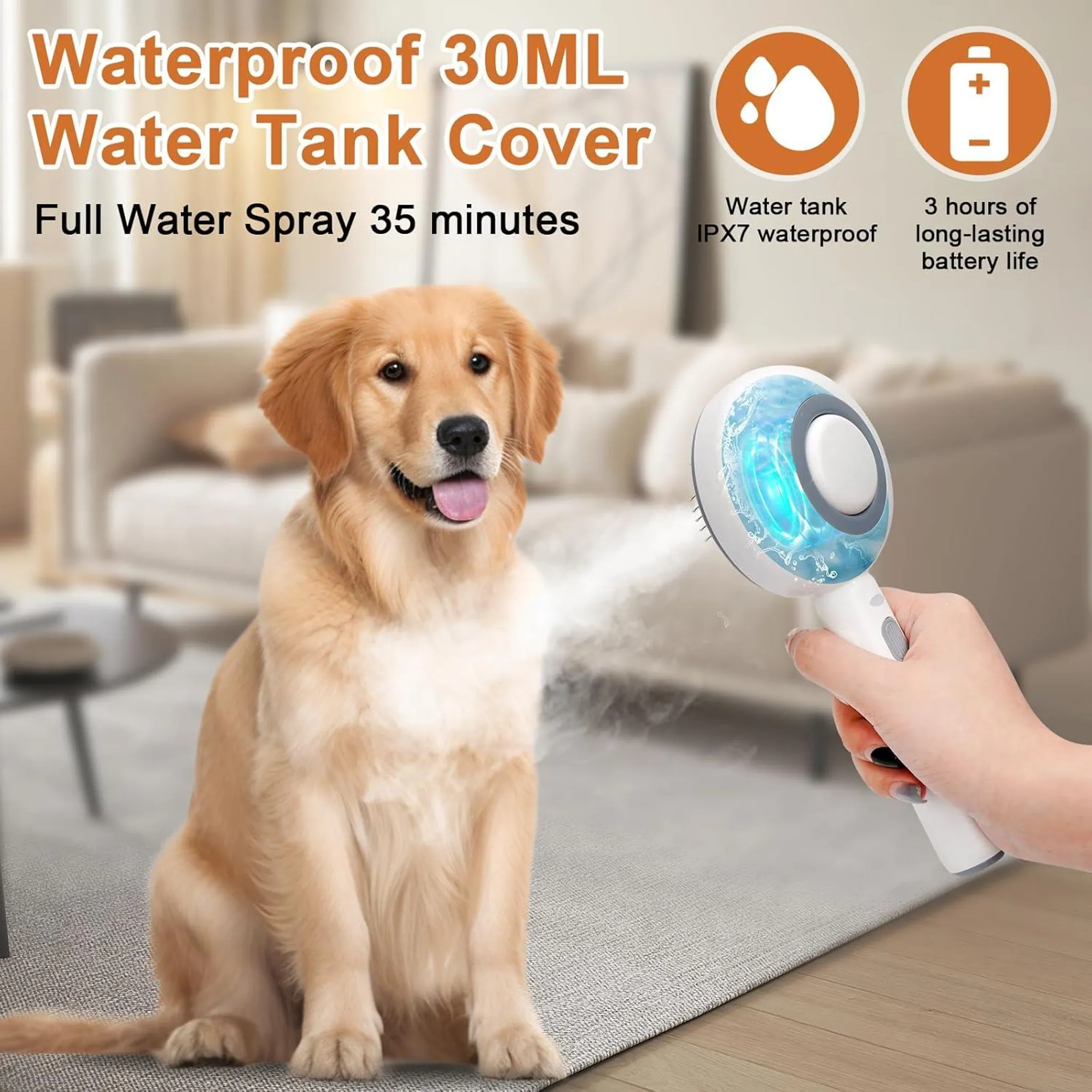 Ein Golden Retriever sitzt in der Nähe eines Wassersprühgeräts. Das Gerät wird von einer Hand gehalten. Der Text besagt, dass es wasserdicht ist.