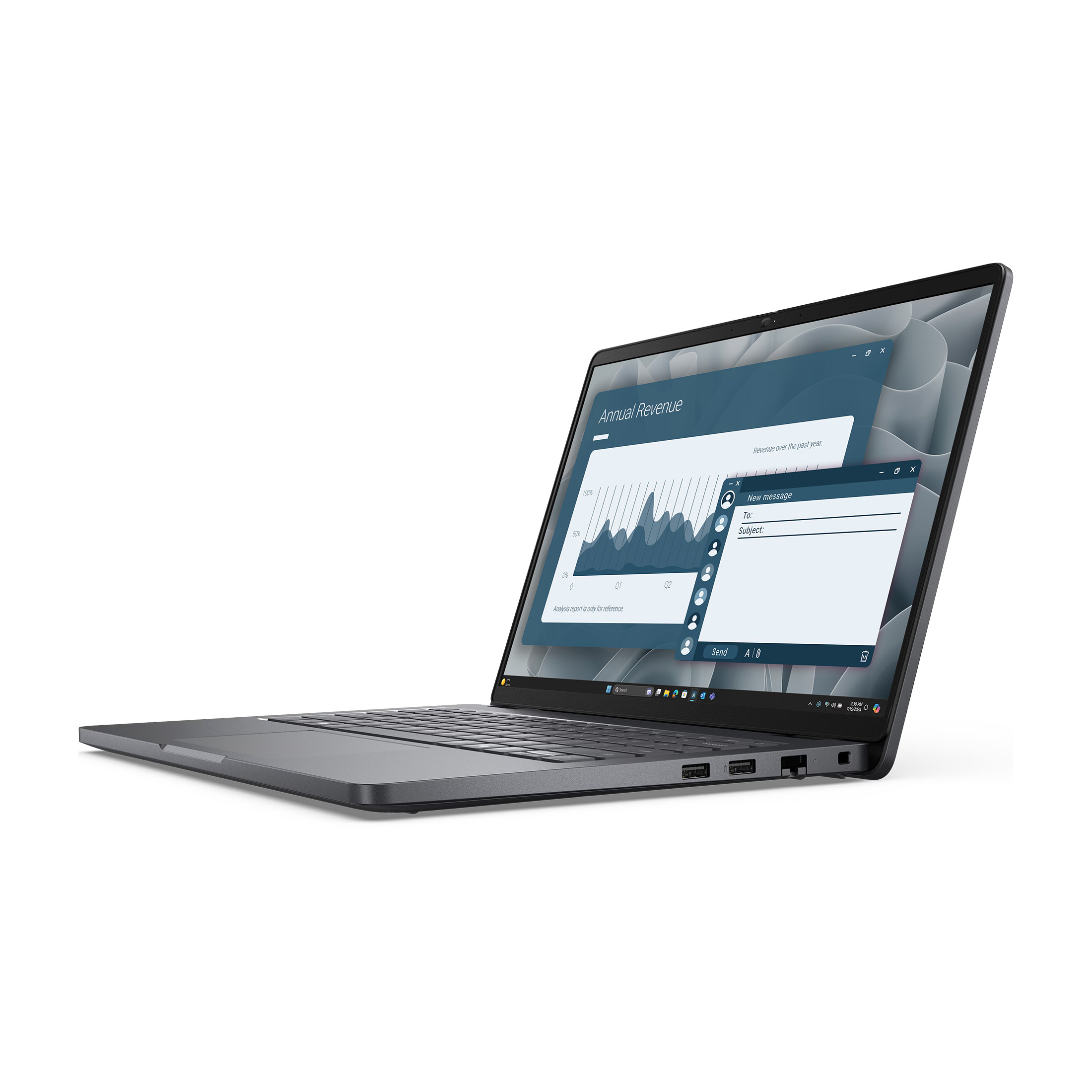 Ein grauer Laptop zeigt Umsatzdiagramme und eine E-Mail-Verfassungs-Oberfläche. Weißer Hintergrund. Der Bildschirm zeigt Daten und Diagramme.