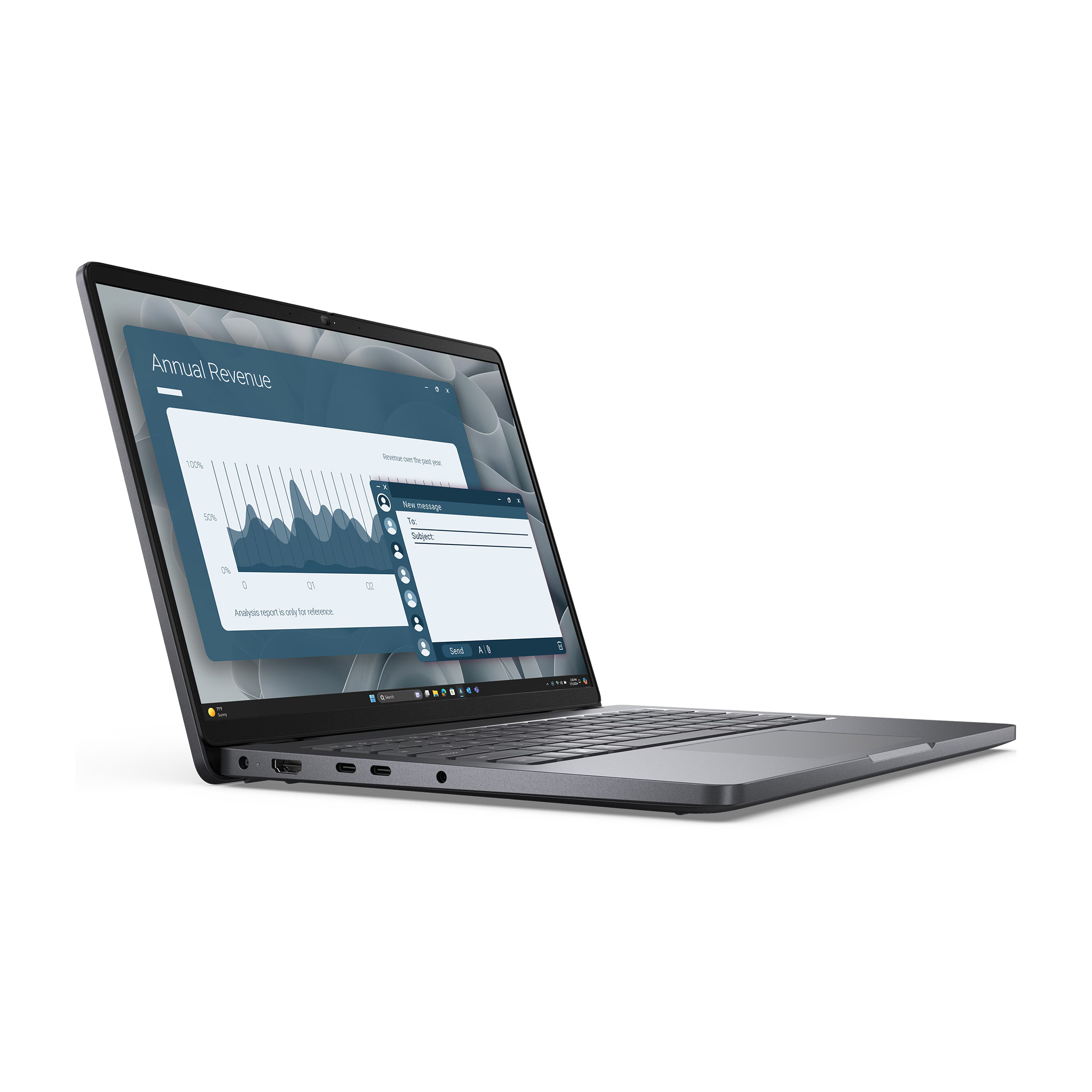 Ein grauer Laptop zeigt ein Diagramm des Jahresumsatzes und ein neues Nachrichtenfenster vor weißem Hintergrund.