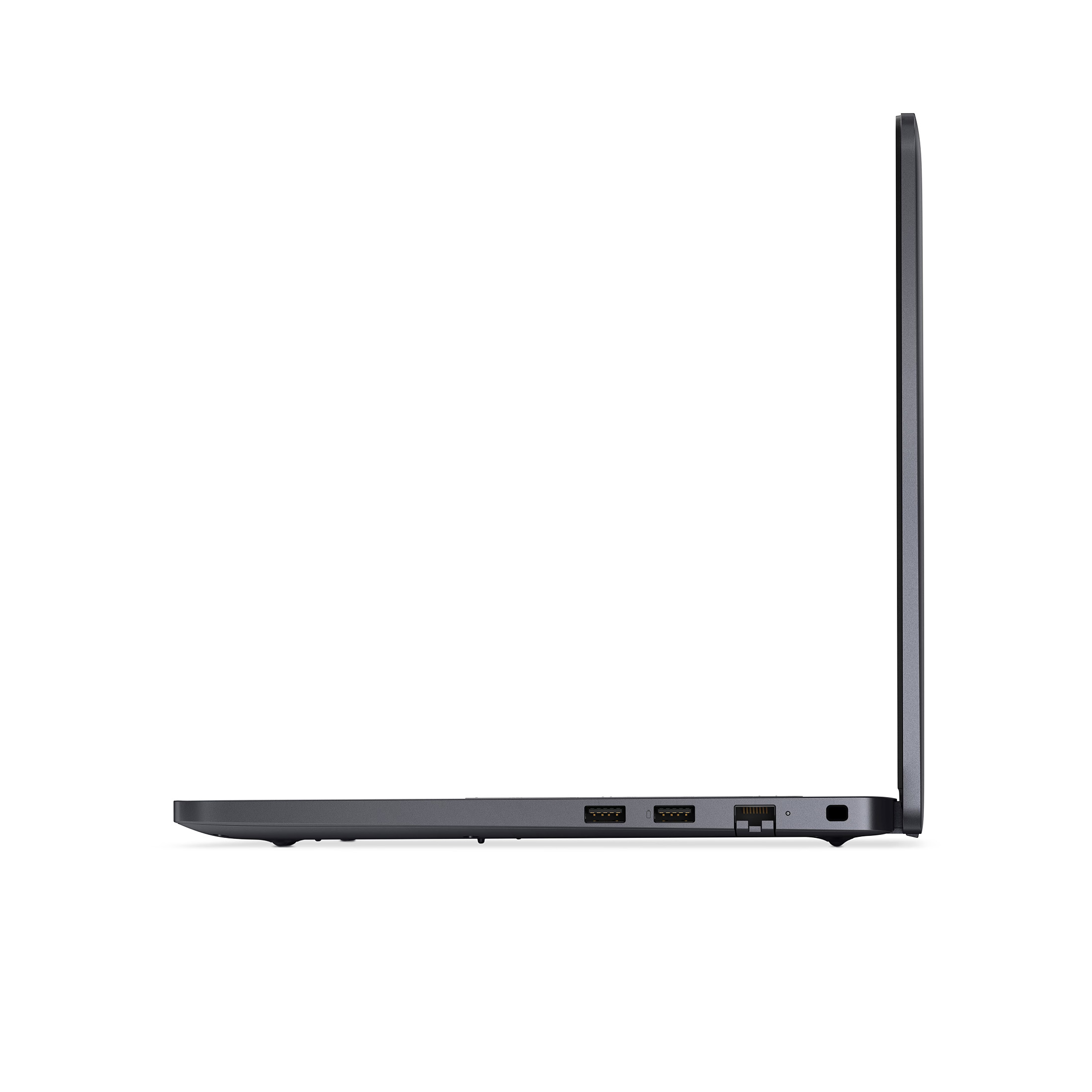 Seitenansicht eines geschlossenen, dunkelgrauen Laptops. Der Bildschirm ist oben. Anschlüsse sind sichtbar.