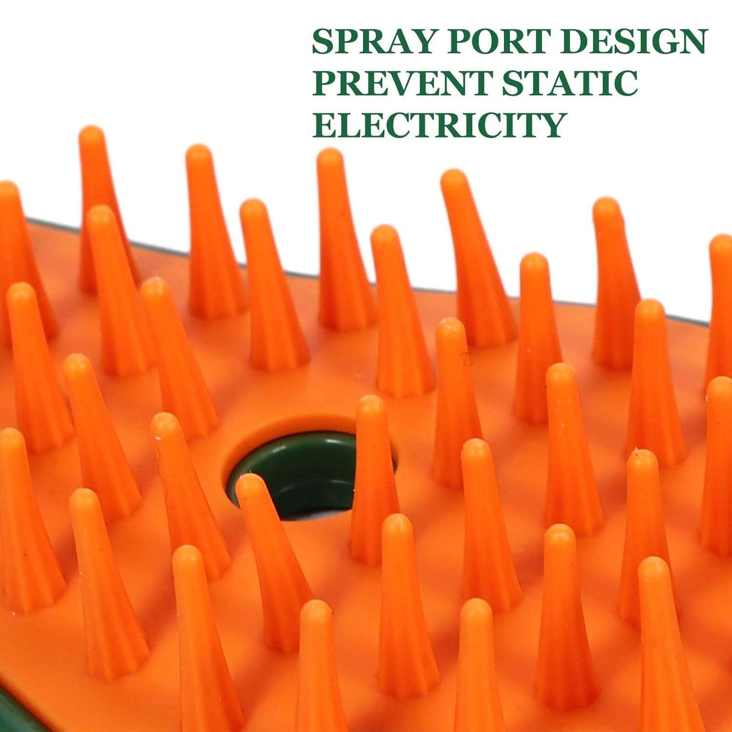 Nahaufnahme von orangefarbenen Kunststoffspitzen auf einer grün-orangenen Oberfläche. Text: 'SPRAY PORT DESIGN PREVENT STATIC ELECTRICITY'.
