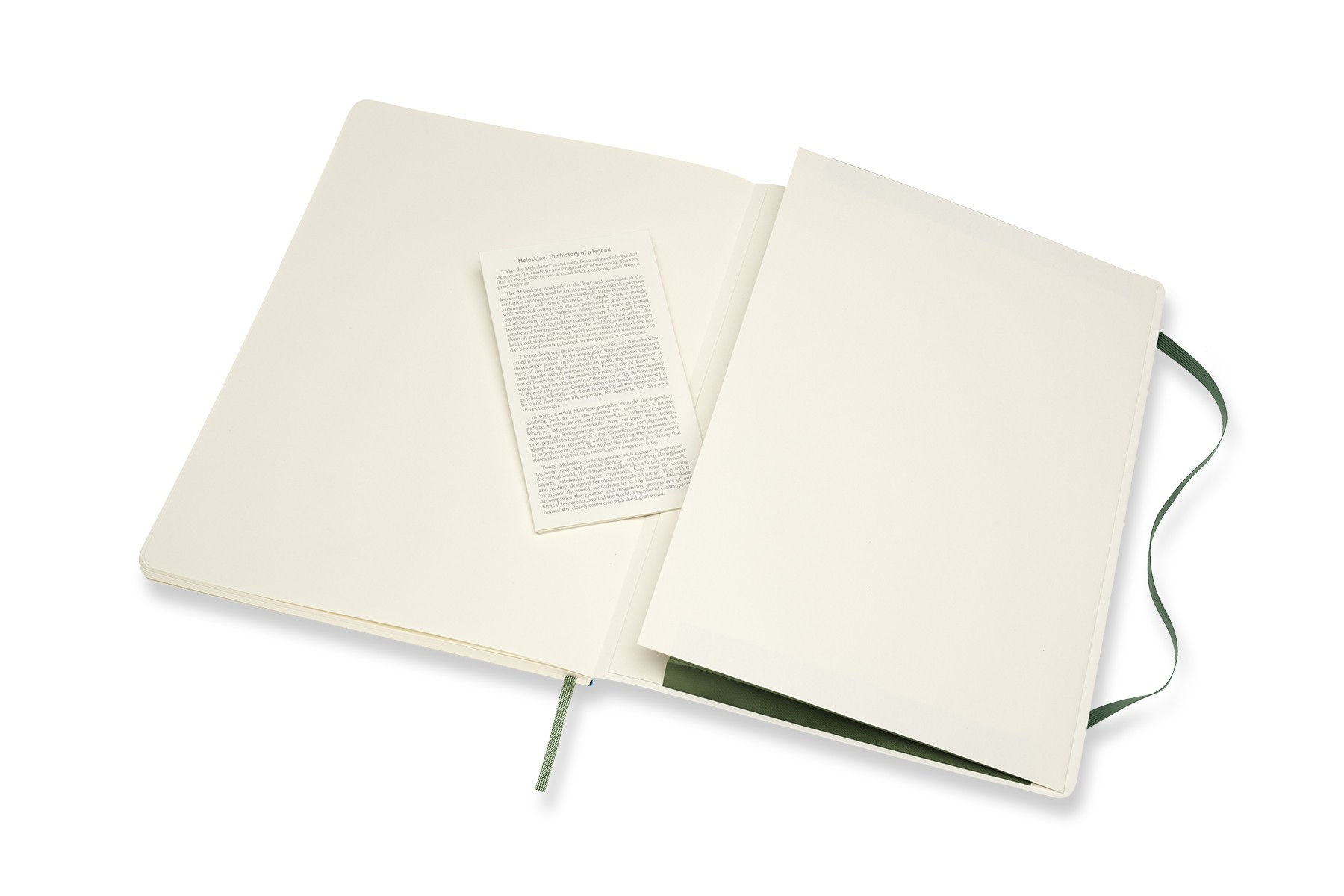 Offenes Moleskine-Notizbuch mit grünem Band. Ein kleines Papier mit Text liegt drin.
