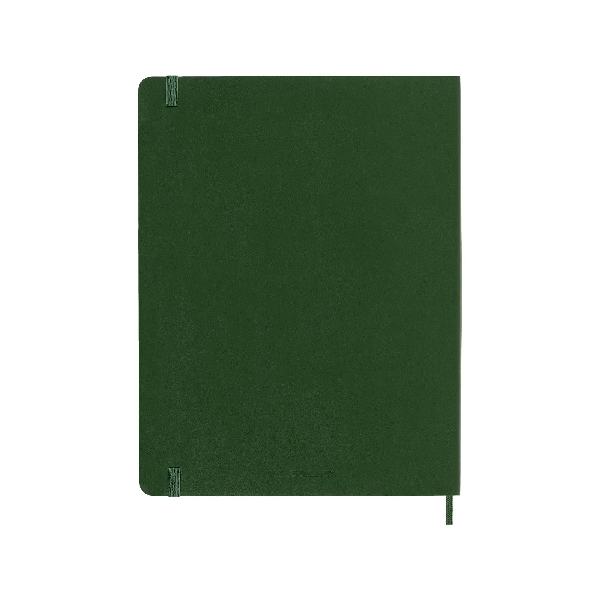 Ein dunkelgrünes Moleskine-Notizbuch mit passendem Gummiband. Das Notizbuch befindet sich auf weißem Hintergrund.