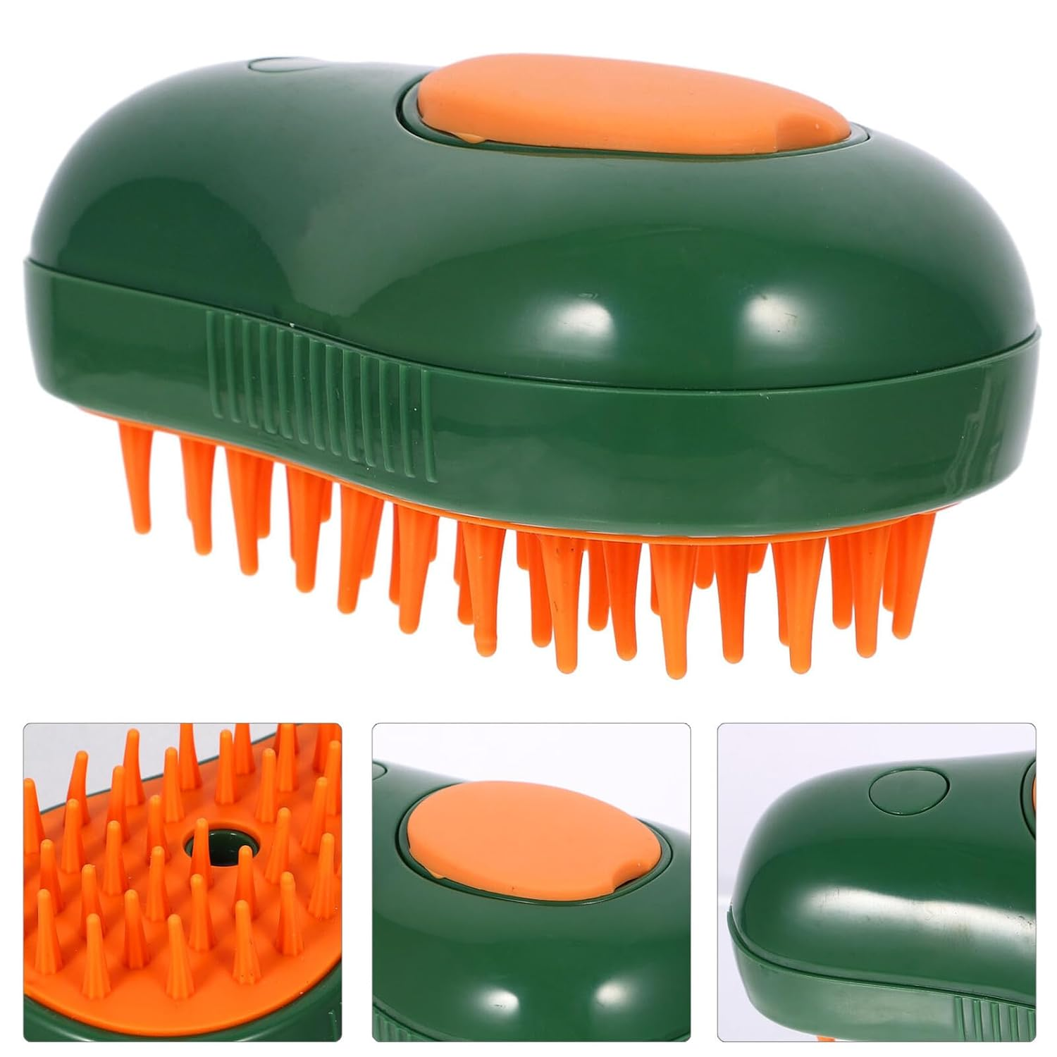 Ein grüner und orangefarbener Kopfhautmassager. Es hat einen grünen Körper, einen orangefarbenen Knopf und orangefarbene Borsten. Das Gerät befindet sich auf weißem Hintergrund.