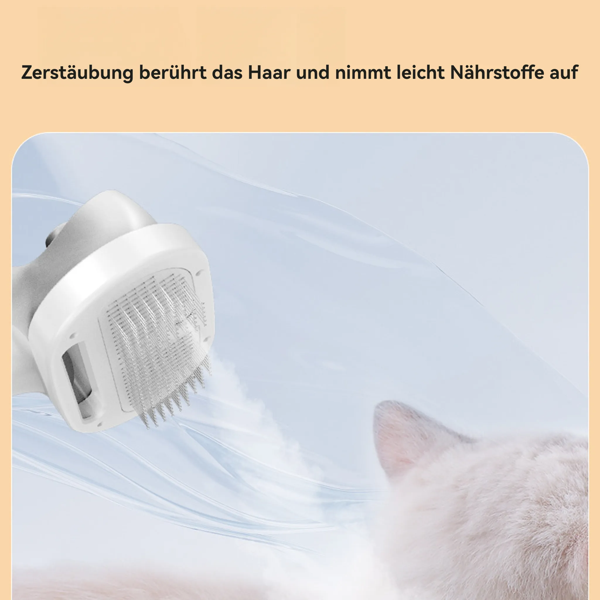 Ein weißes Pflegegerät mit Nadeln befindet sich in der Nähe des Ohrs einer Katze. Der Hintergrund ist hellblau.