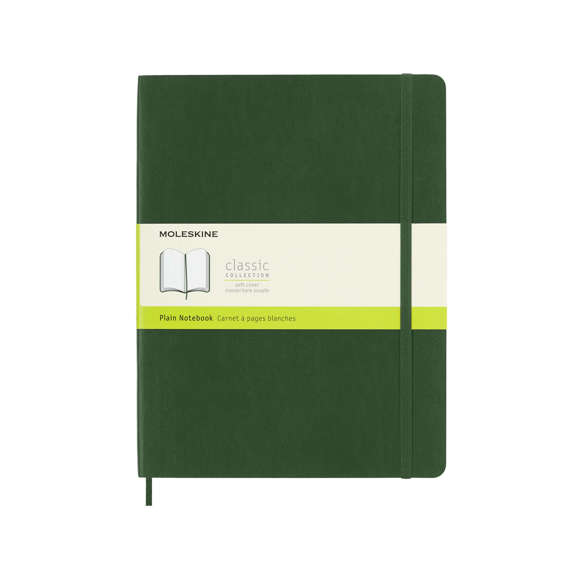 Ein grünes Moleskine-Notizbuch. Es hat ein Band, ein Band und ein Etikett mit dem Markenlogo und Text.