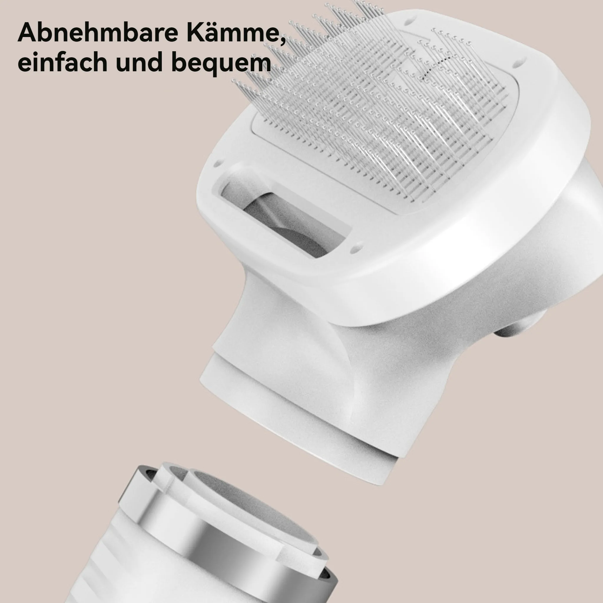 Weiße Haarbürste mit Metallborsten. Die Bürste ist abgenommen. Text: Herausnehmbare Kämme, einfach und bequem.