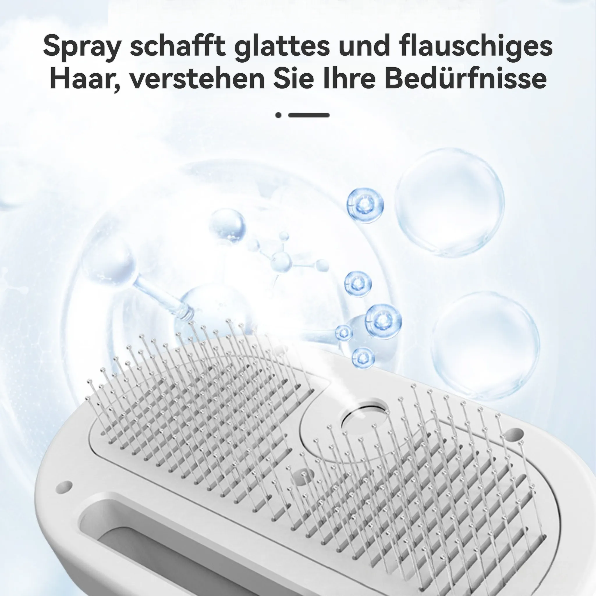 Ein weißer Haarkamm mit Metallstiften. Im Hintergrund sind blaue Blasen und abstrakte Formen zu sehen.