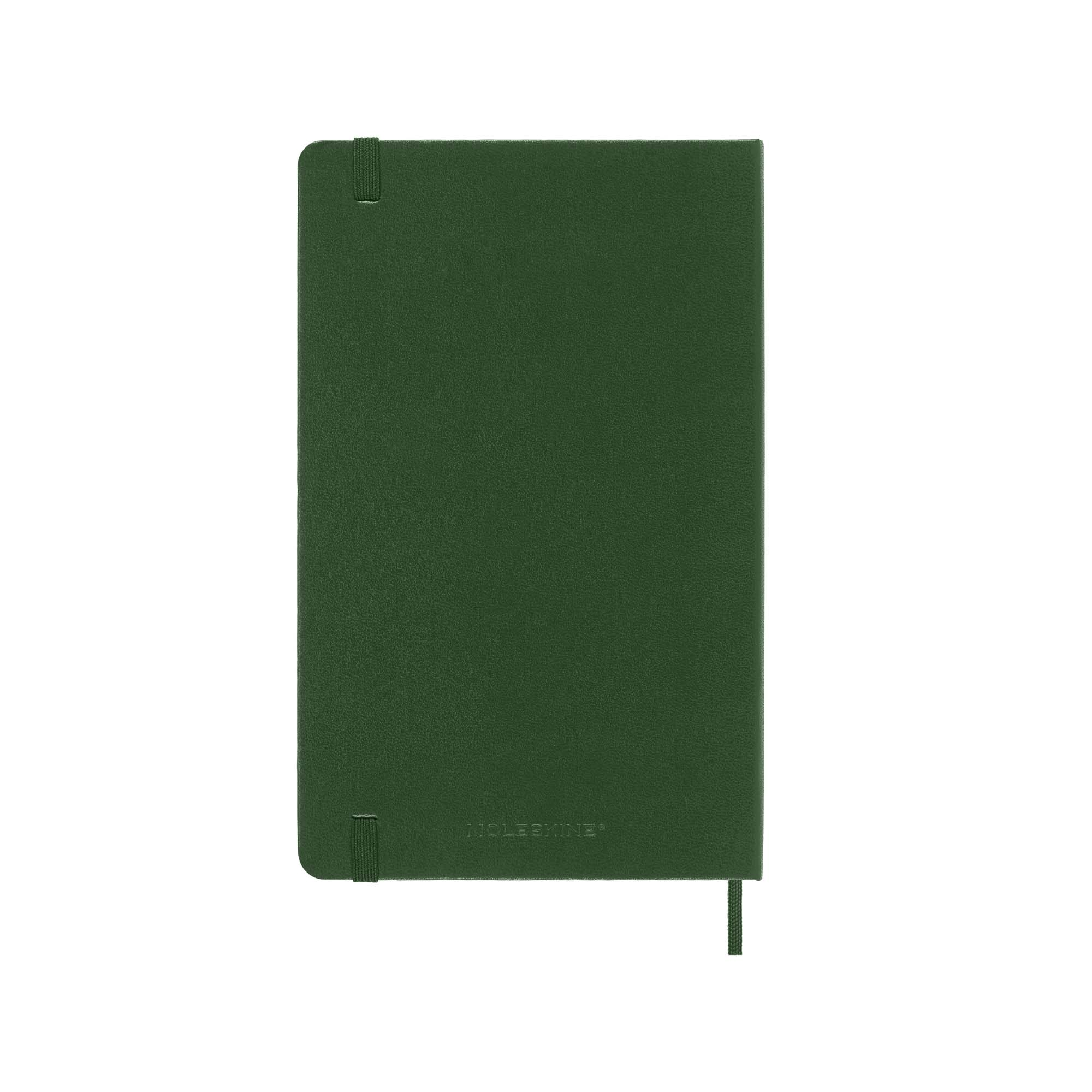 Ein grünes Moleskine-Notizbuch auf weißem Hintergrund. Es hat einen elastischen Verschluss und ein Leseband. Die Hülle ist strukturiert.