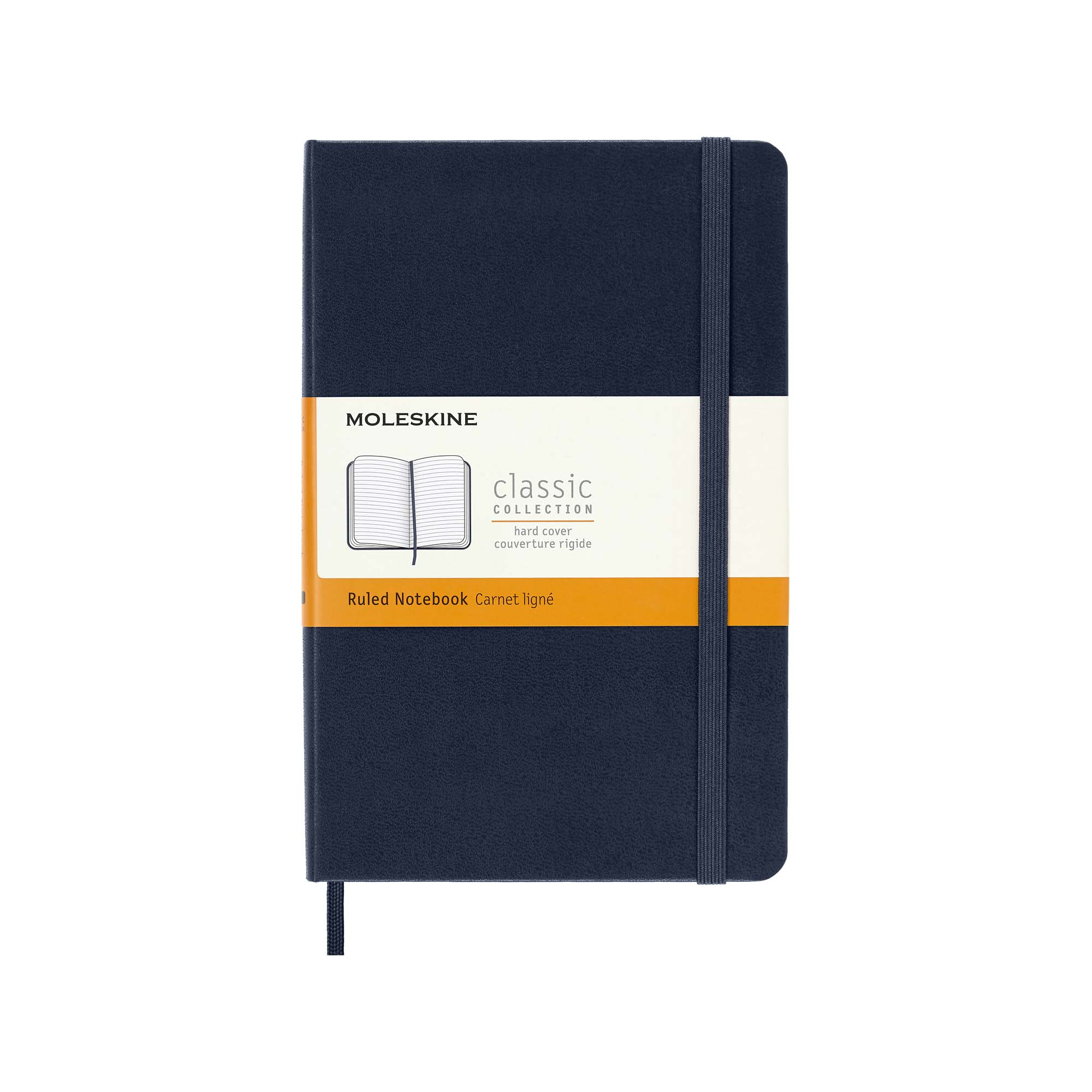 Ein marineblaues Moleskine-Notizbuch. Es hat einen elastischen Verschluss und ein Papierband mit Text und Logo.