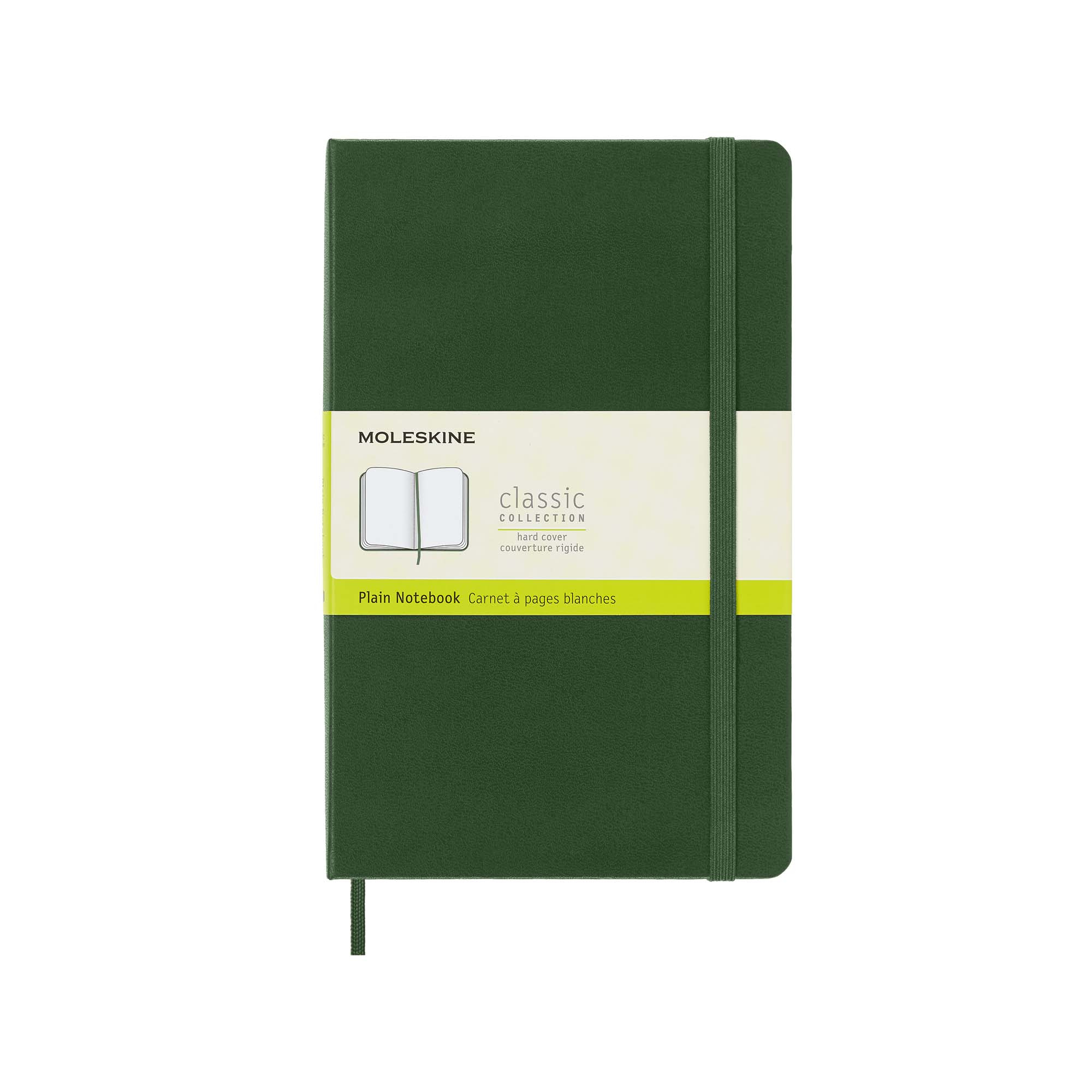 Ein grünes Moleskine-Notizbuch. Es hat ein Band zum Verschließen. Das Cover hat ein Logo und Text.