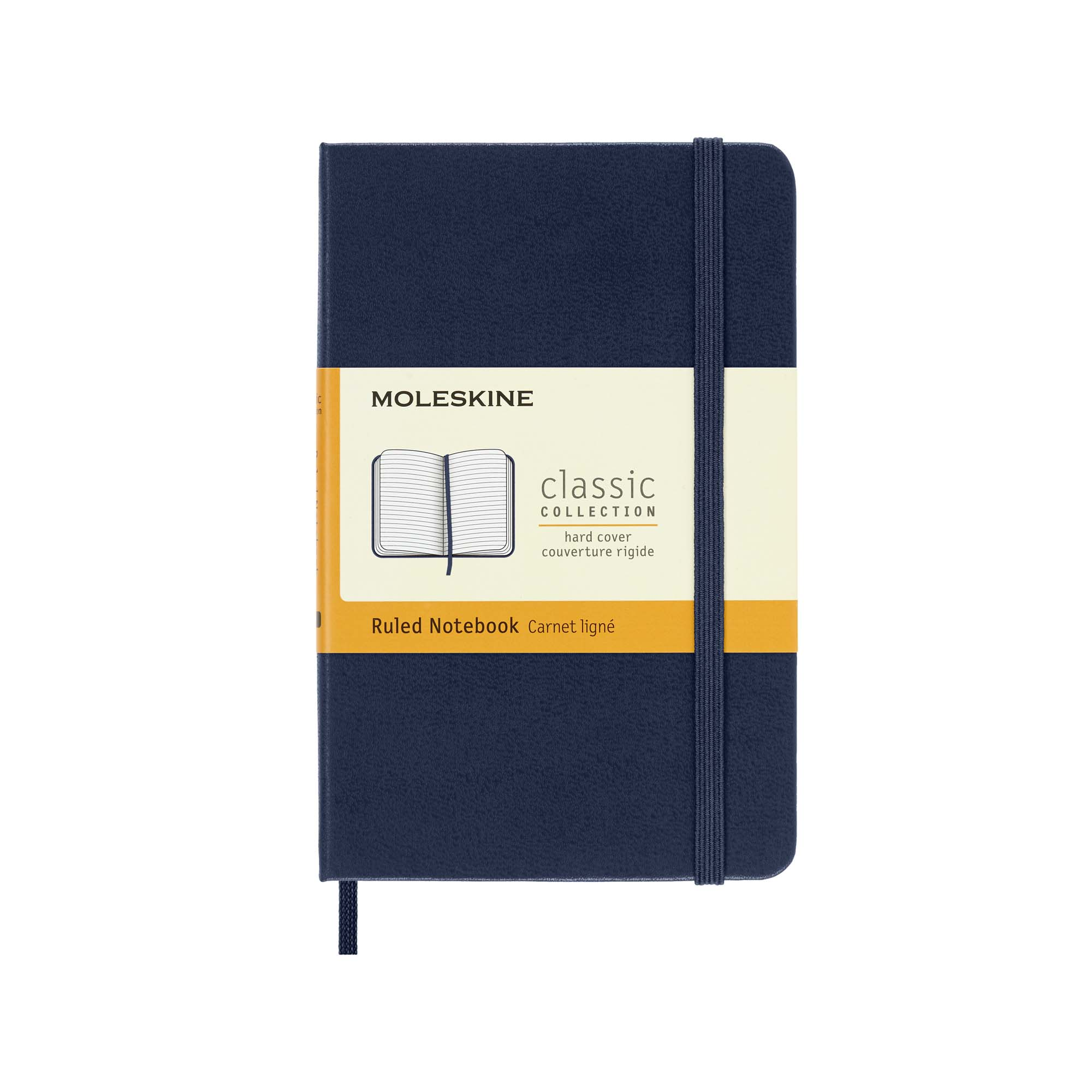 Ein marineblaues Moleskine-Notizbuch. Es hat einen vertikalen Riemen und ein Etikett mit Markennamen und Produktdetails.