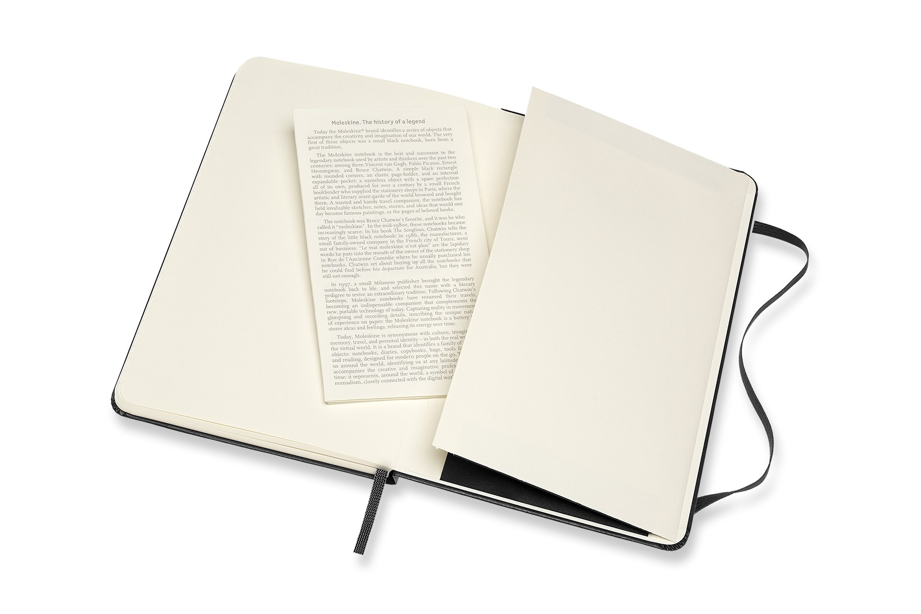 Offenes schwarzes Moleskine-Notizbuch mit Text auf der linken Seite. Ein schwarzes Gummiband ist sichtbar.