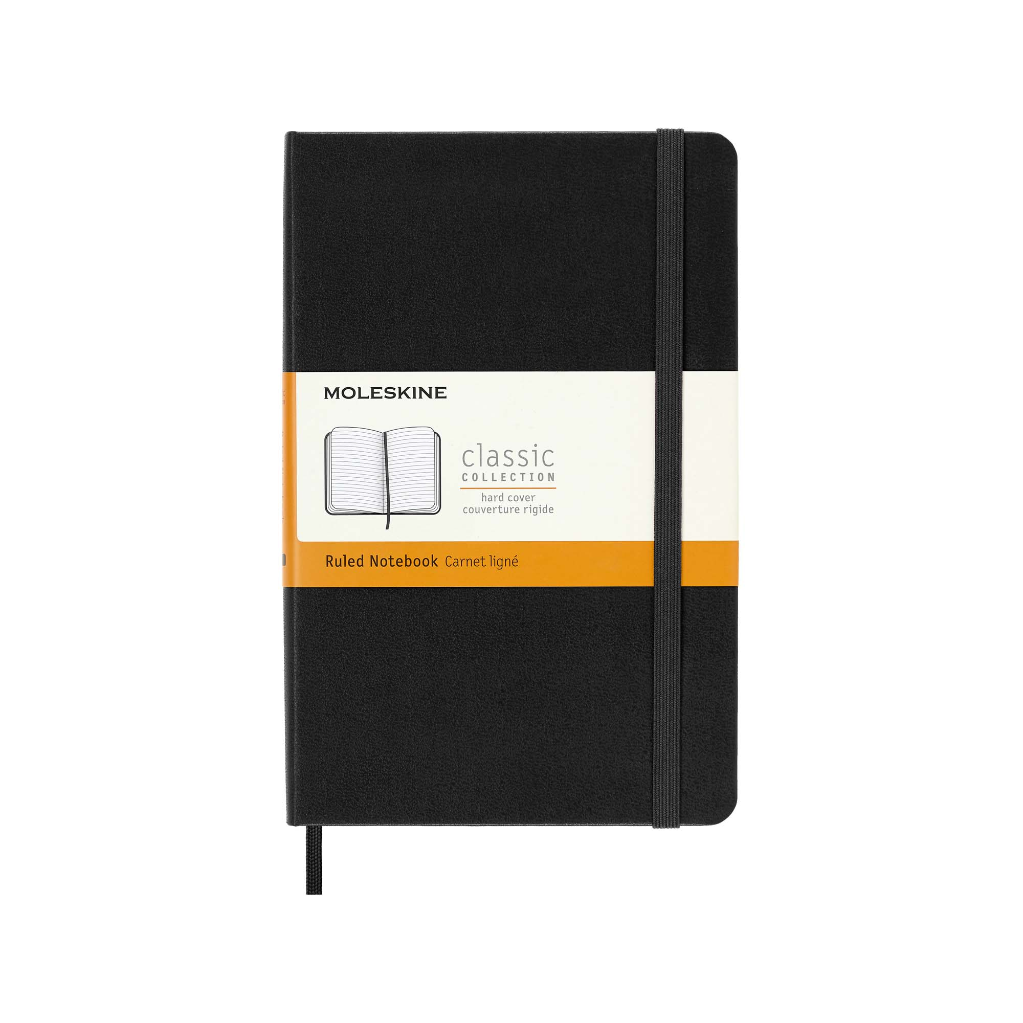Schwarzes Moleskine-Notizbuch mit weißem und orangefarbenem Etikett. Hat ein schwarzes Gummiband und eine Schleife. Weißer Hintergrund.