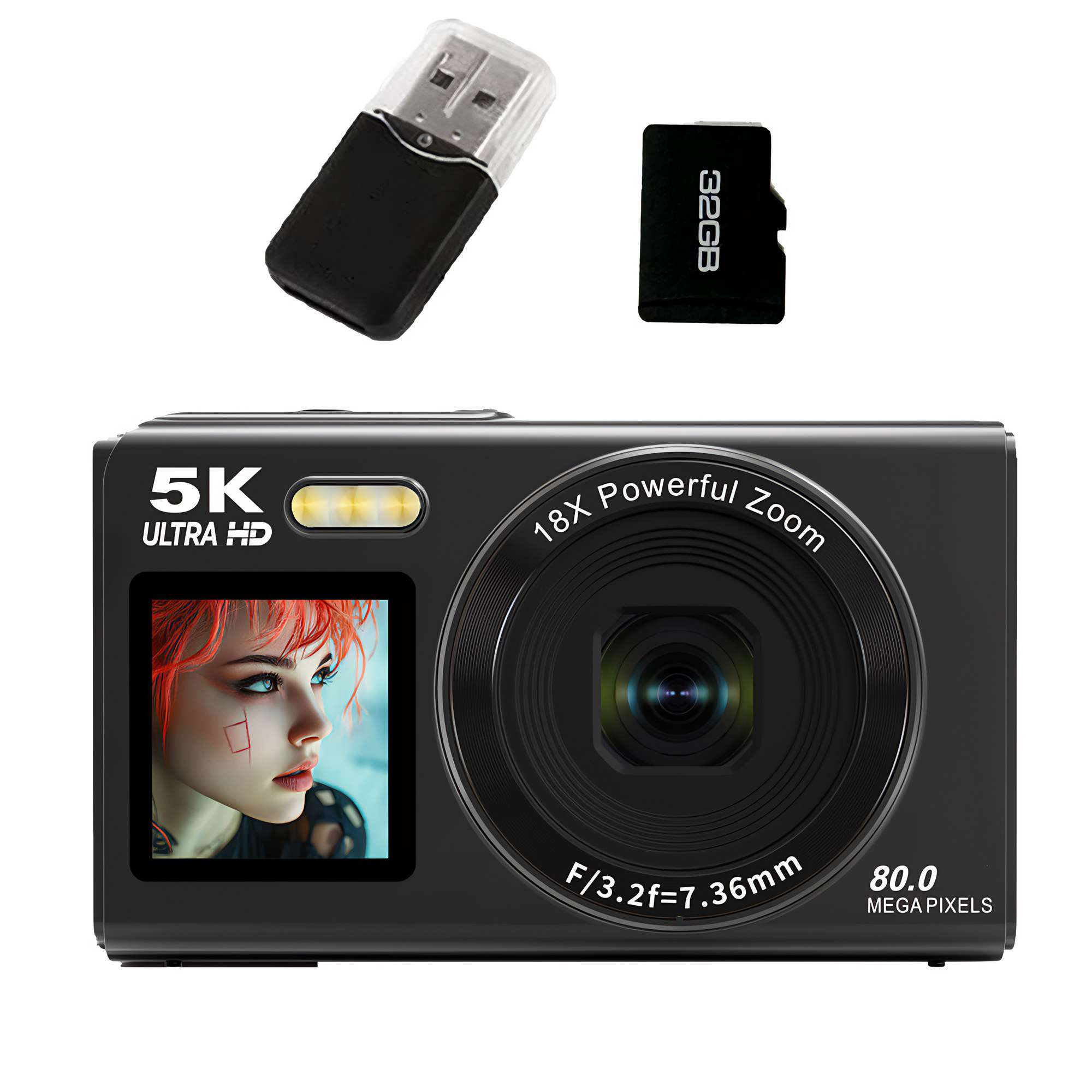 Schwarze Kamera mit 18-fachem Zoom, 5K Ultra HD und 80,0 Megapixeln. Enthält einen USB-Stick und eine 32GB SD-Karte.