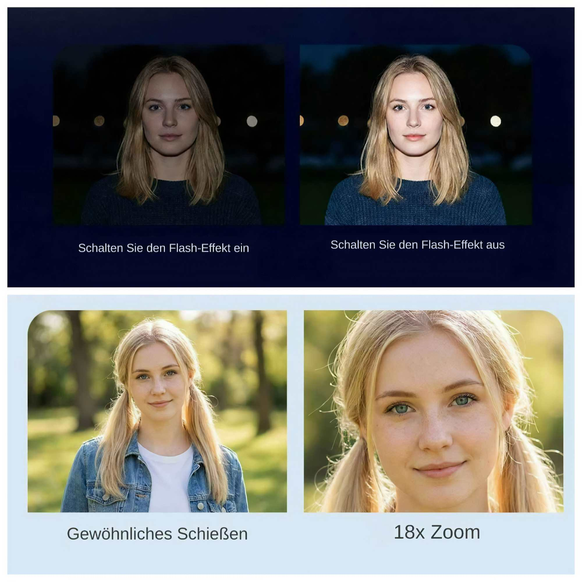 Das Bild zeigt eine blonde Frau, die den Blitz-Effekt demonstriert, sowie Standard- und 18x-Zoom-Aufnahmen.