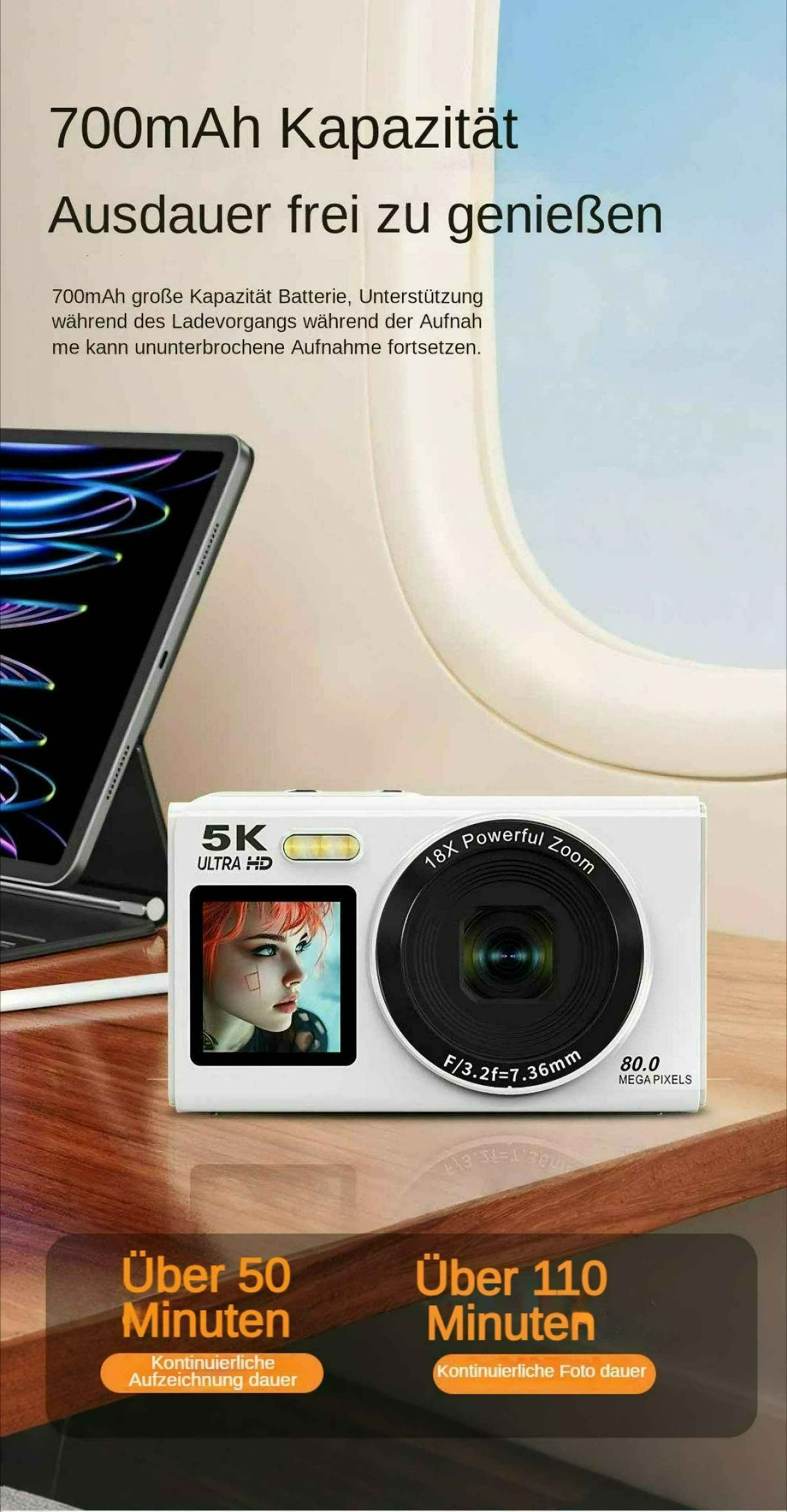 Eine weiße Kamera mit einem Bildschirm, der eine Frau zeigt, mit dem Text '5K ULTRA HD' und '80.0 MEGA PIXEL'. Der Hintergrund ist unscharf.