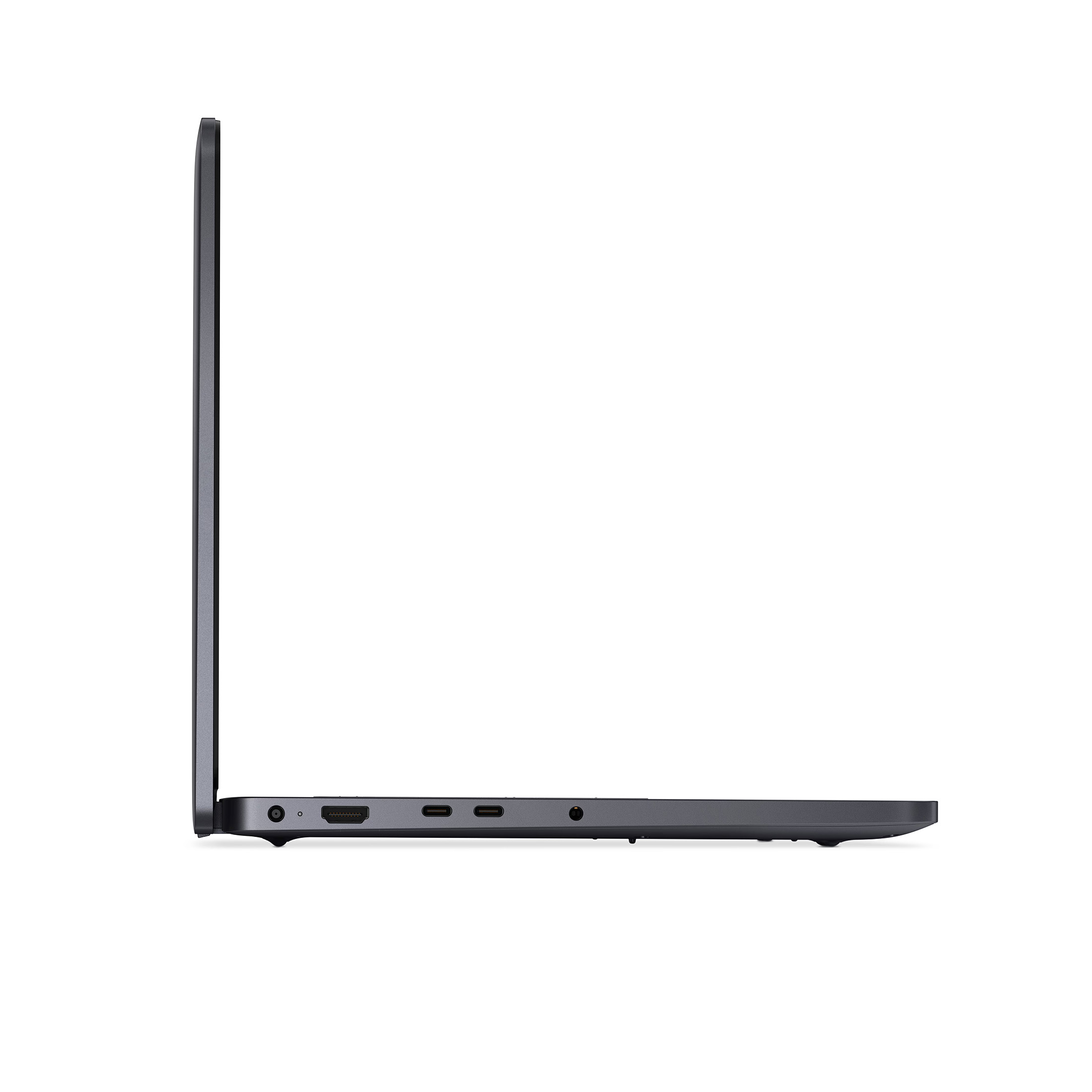 Seitenansicht eines dunkelgrauen Laptops auf weißem Hintergrund. Sichtbare Anschlüsse und der Bildschirm sind zu sehen.
