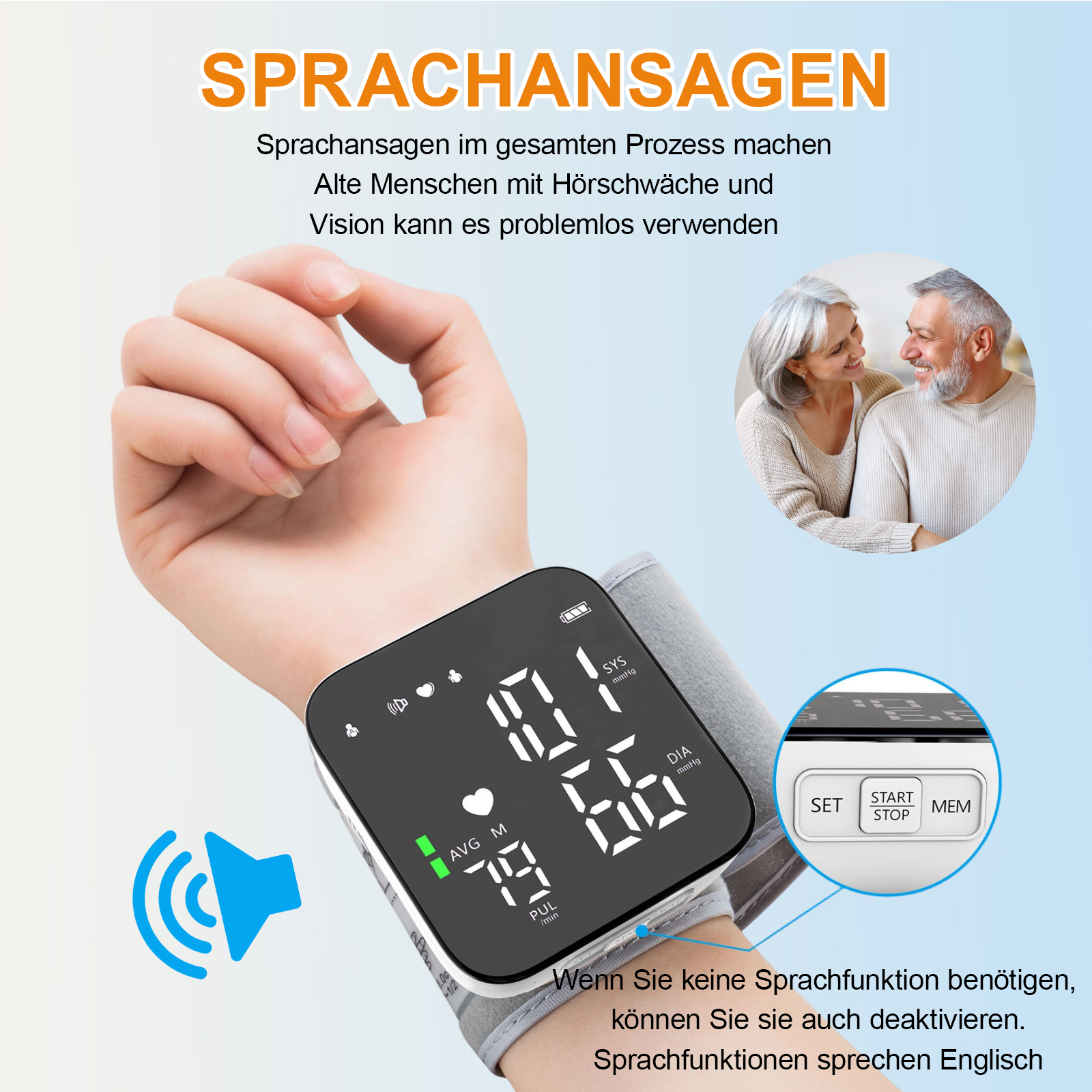 Blutdruckmessgerät am Handgelenk. Älteres Ehepaar im Hintergrund. Text über Sprachansagen.