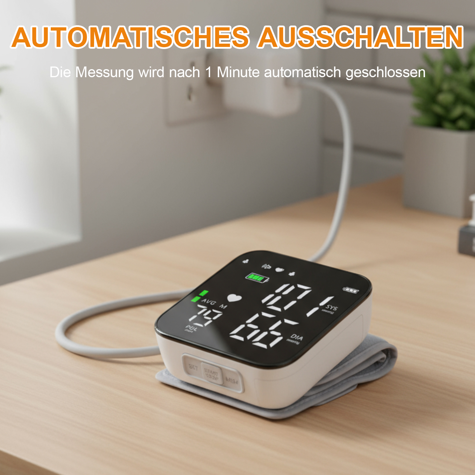 Ein Blutdruckmessgerät zeigt Messwerte auf einem digitalen Bildschirm an. Es liegt auf einer Holzoberfläche.