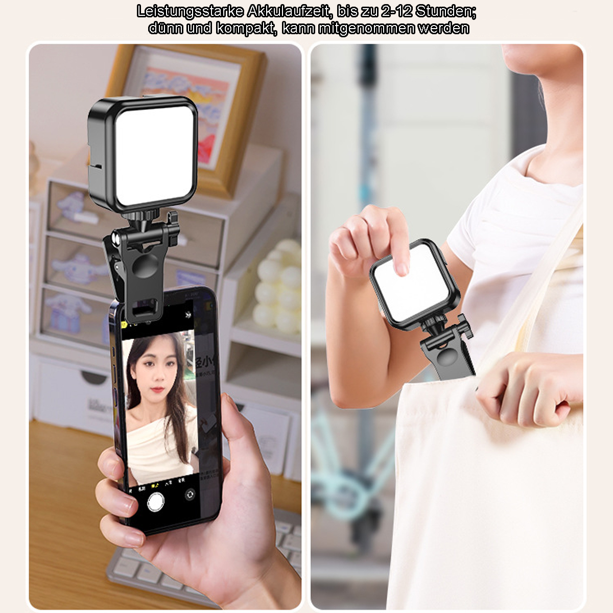 Das Bild zeigt ein Telefon mit angebrachtem Licht, eine Person, die ein Selfie macht, und ein Licht in einer Tasche. Text: Lange Akkulaufzeit, dünn und kompakt.