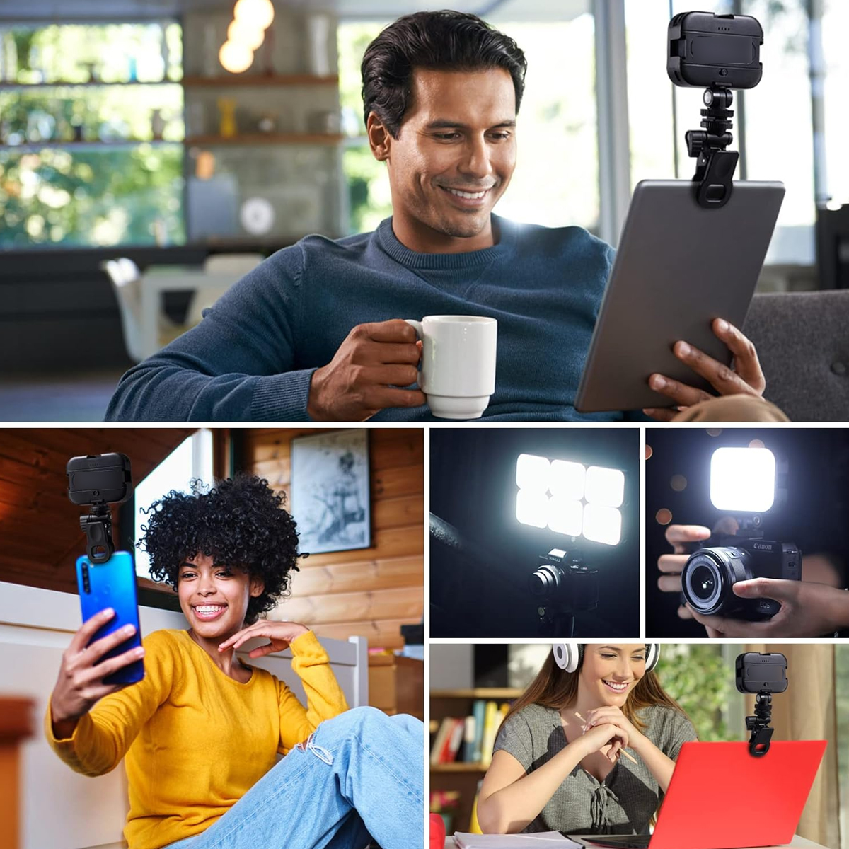 Ein Mann hält eine Tasse und ein Tablet. Eine Frau macht ein Selfie. LED-Leuchten beleuchten eine Kamera und einen Laptop. Alle haben angebrachte Lichter.