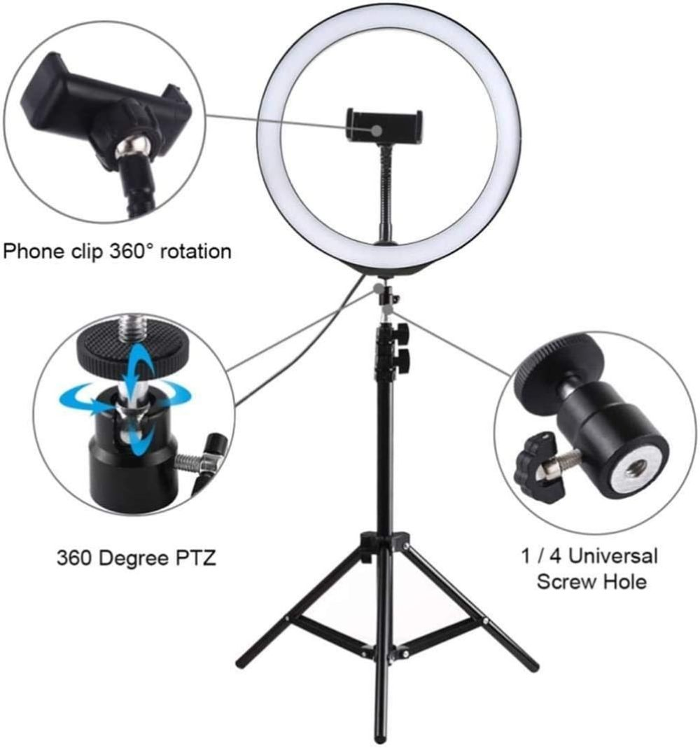 Ein Ringlicht mit Telefonhalterung, Stativ und verschiedenen Einstellmechanismen. Enthält 360-Grad-Drehung und 1/4-Zoll-Universal-Schraubenloch.