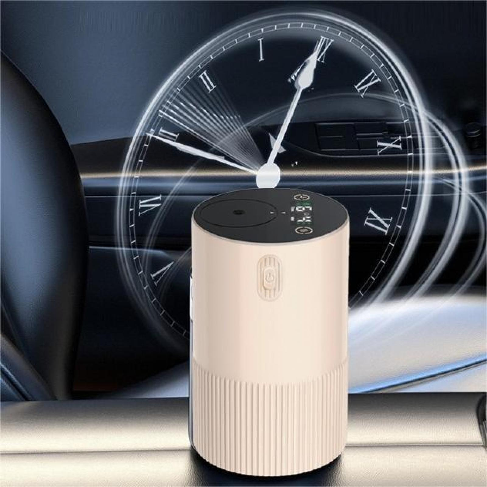 Beiger Luftreiniger im Auto, mit Uhr-Overlay. Anzeige zeigt Einstellungen. Der Hintergrund ist dunkel mit Linien.