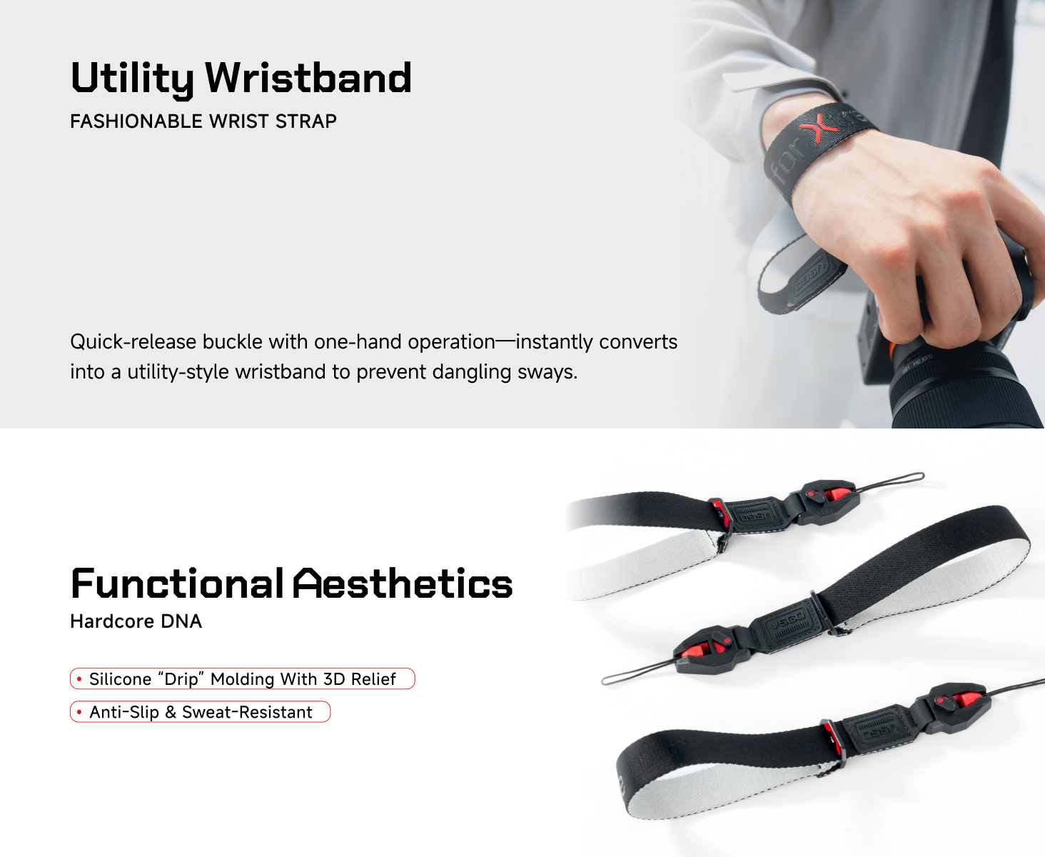 Une personne tient un appareil photo, bracelet attaché. En bas, trois bracelets sur fond blanc, sangles noires, accents rouges et doublure blanche.