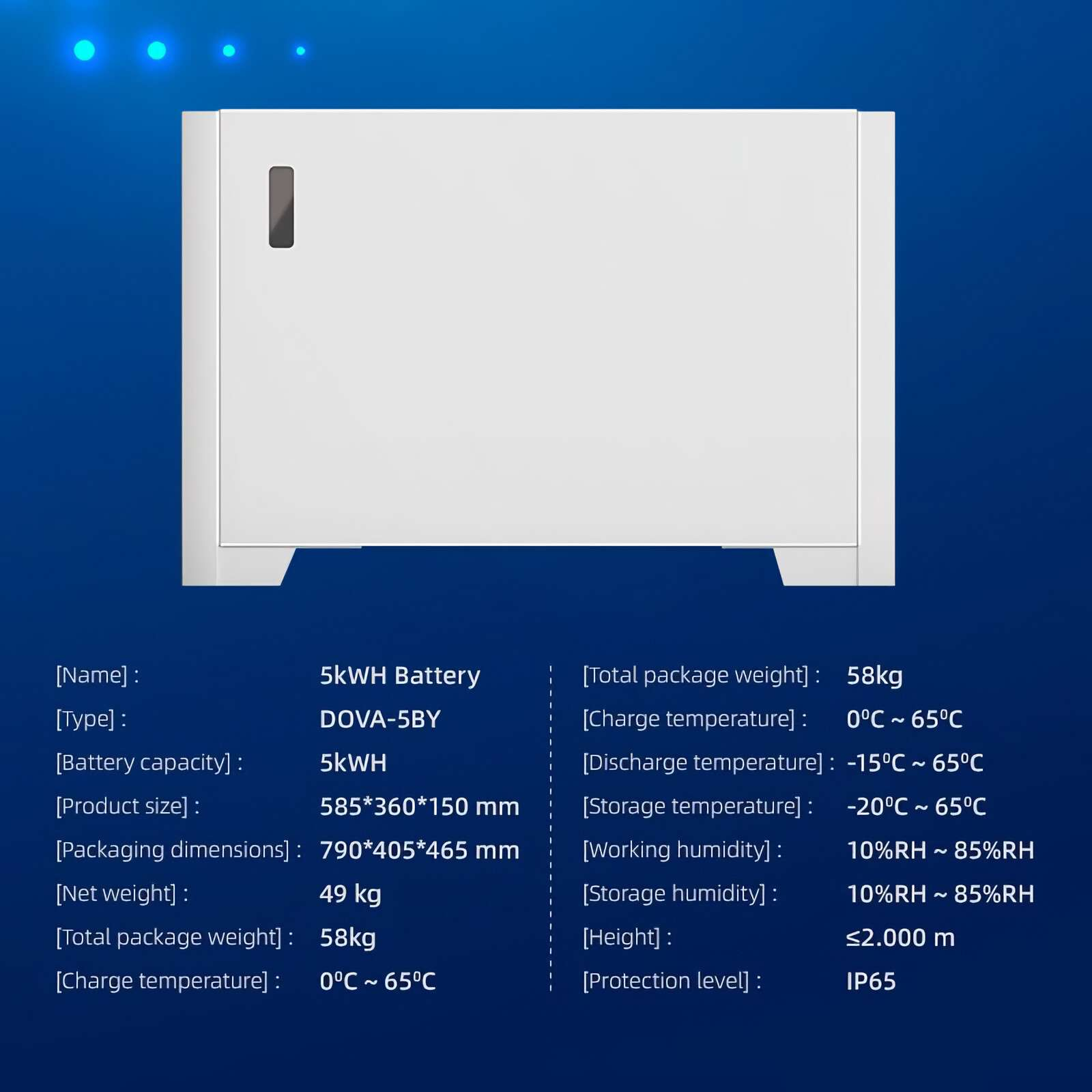 Weißer Akku mit technischen Details auf blauem Hintergrund. Text enthält Produktspezifikationen wie Gewicht, Größe und Temperaturbereiche.