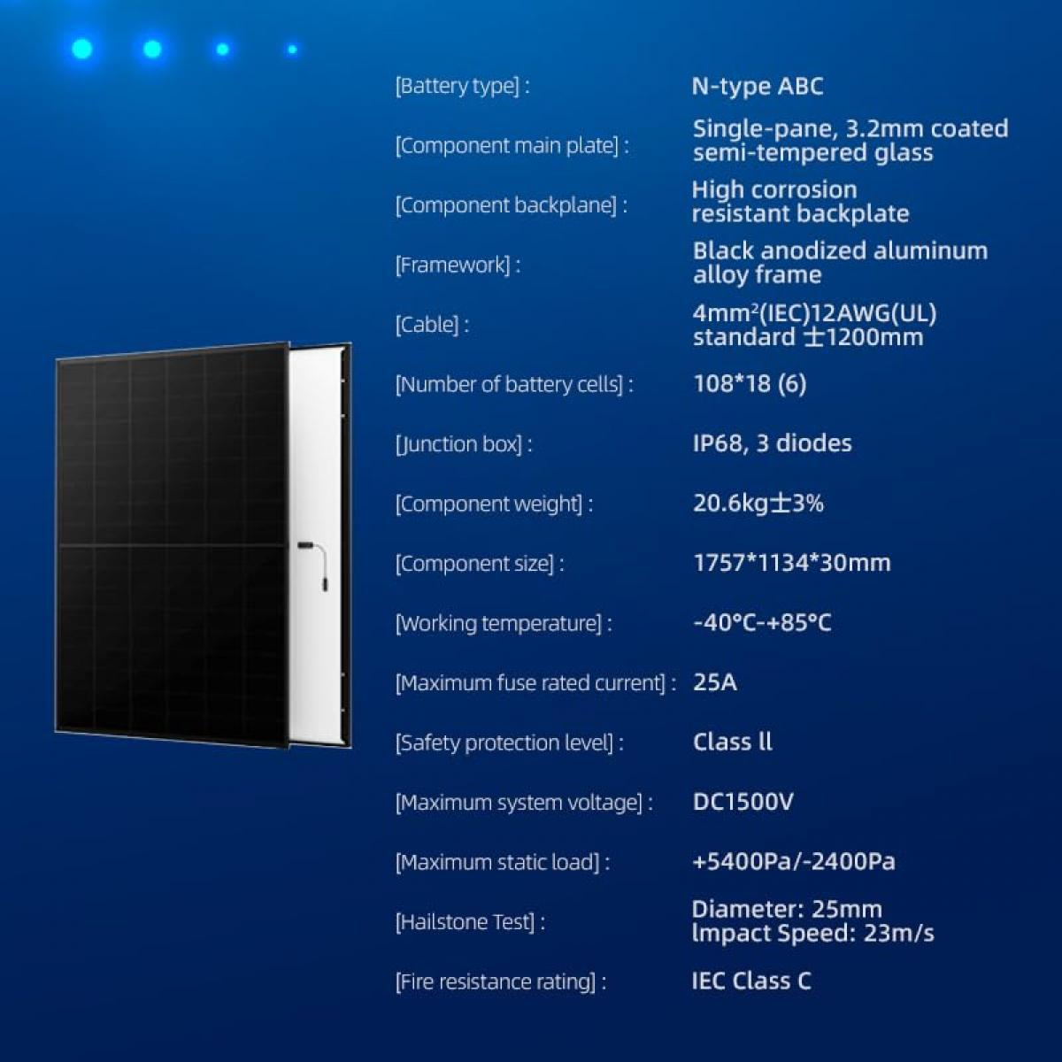 Solarpanel mit Spezifikationen. Enthält Batterietyp, Komponentendetails, Betriebsbedingungen und Sicherheitsinformationen.