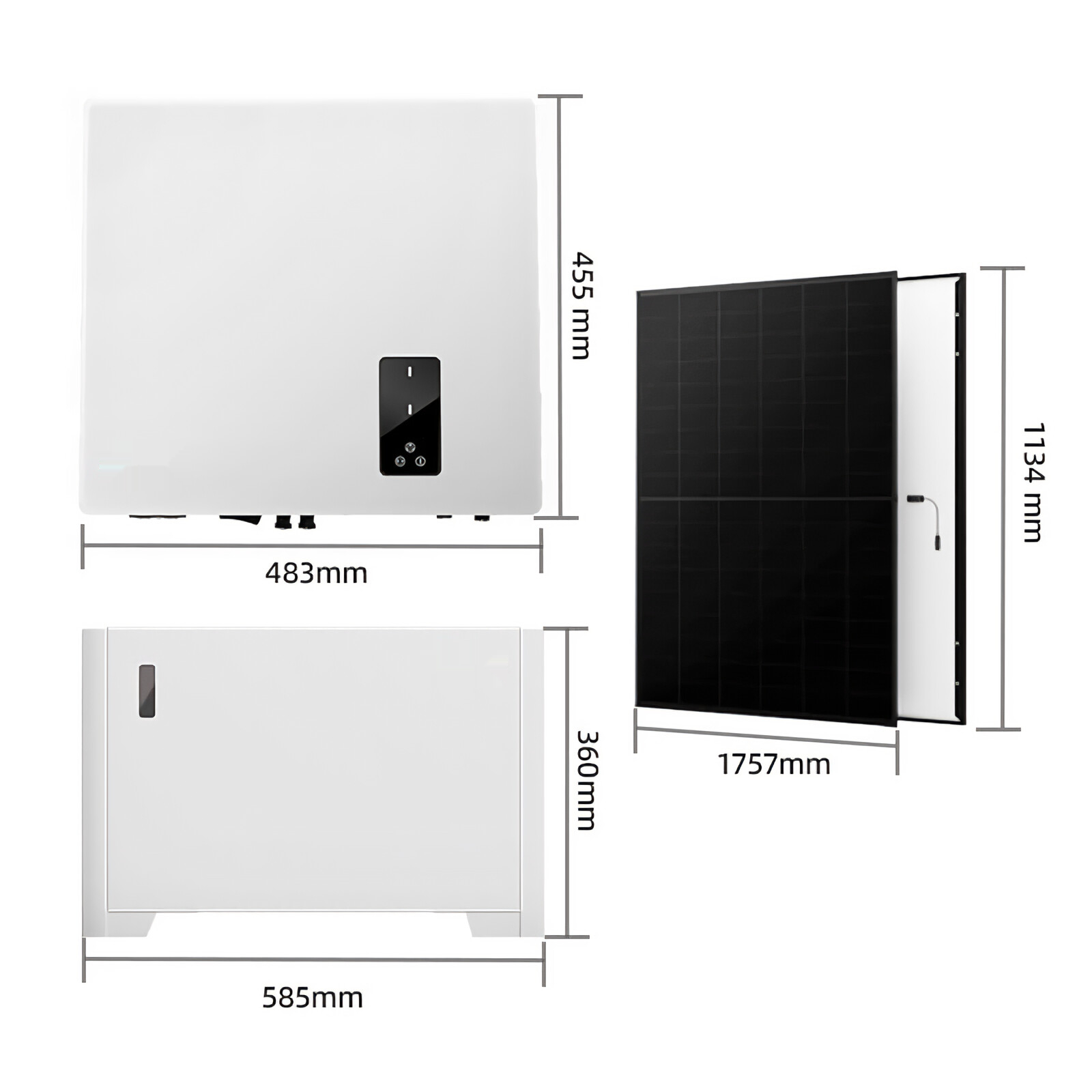 Diagramm von Solarmodulkomponenten. Enthält eine weiße Box, ein Solarpanel und eine kleinere weiße Box. Abmessungen sind beschriftet.