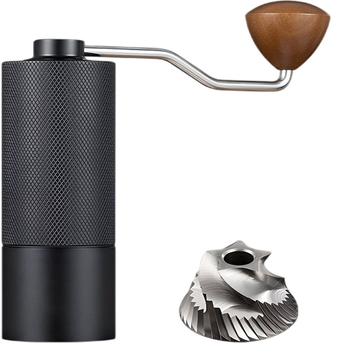 Eine manuelle Kaffeemühle mit Holzgriff, Edelstahlkurbel und separatem Mahlwerk auf weißem Hintergrund.