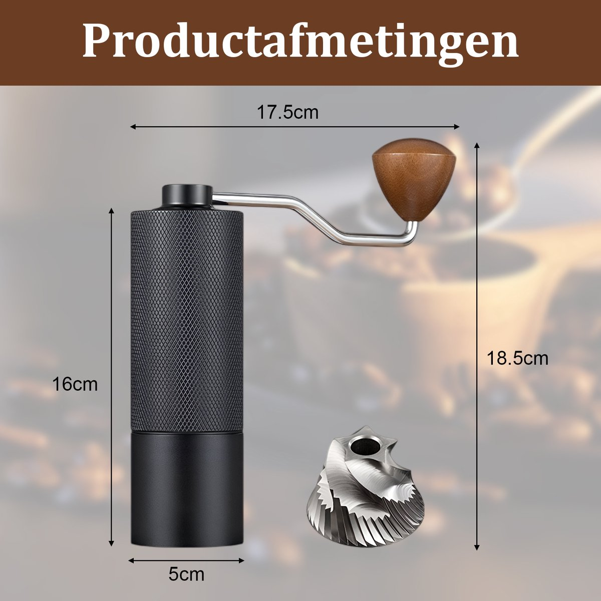 Schwarze manuelle Kaffeemühle mit Holzgriff. Abmessungen: 16 cm, 17,5 cm, 18,5 cm und 5 cm. Separate Klinge.