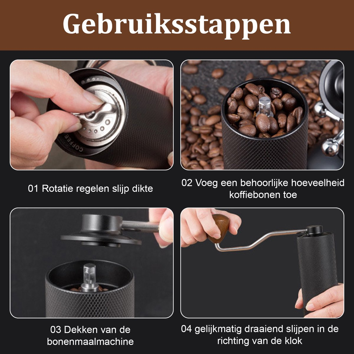 Schritte zur Verwendung einer Kaffeemühle. Enthält das Einstellen des Mahlgrades, das Hinzufügen von Bohnen, das Zusammenbauen und Mahlen im Uhrzeigersinn.