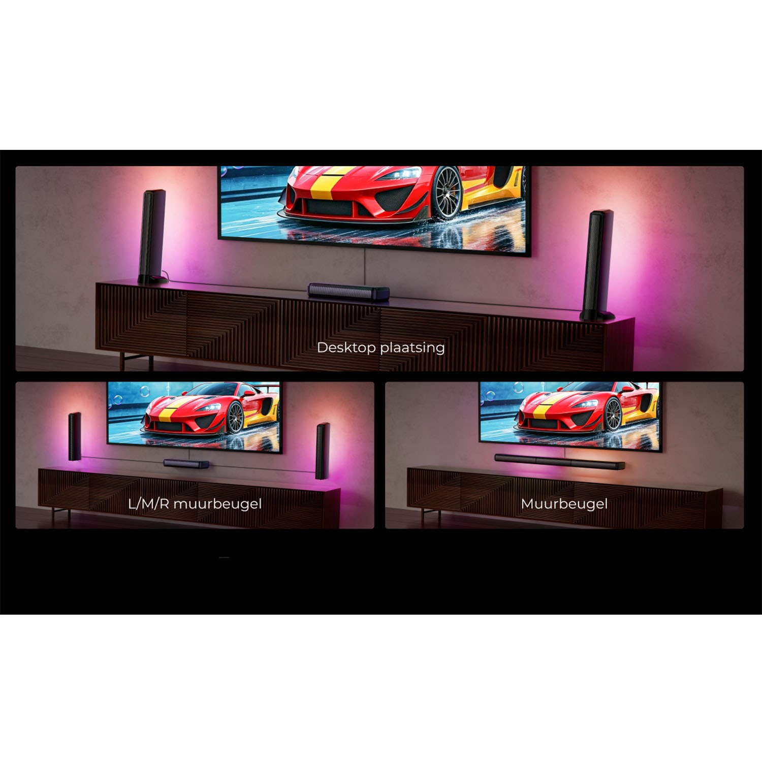 Drie opstellingen van een tv met een rode sportwagen op het scherm, een soundbar en twee lichtbalken. Elke opstelling heeft een andere plaatsing.