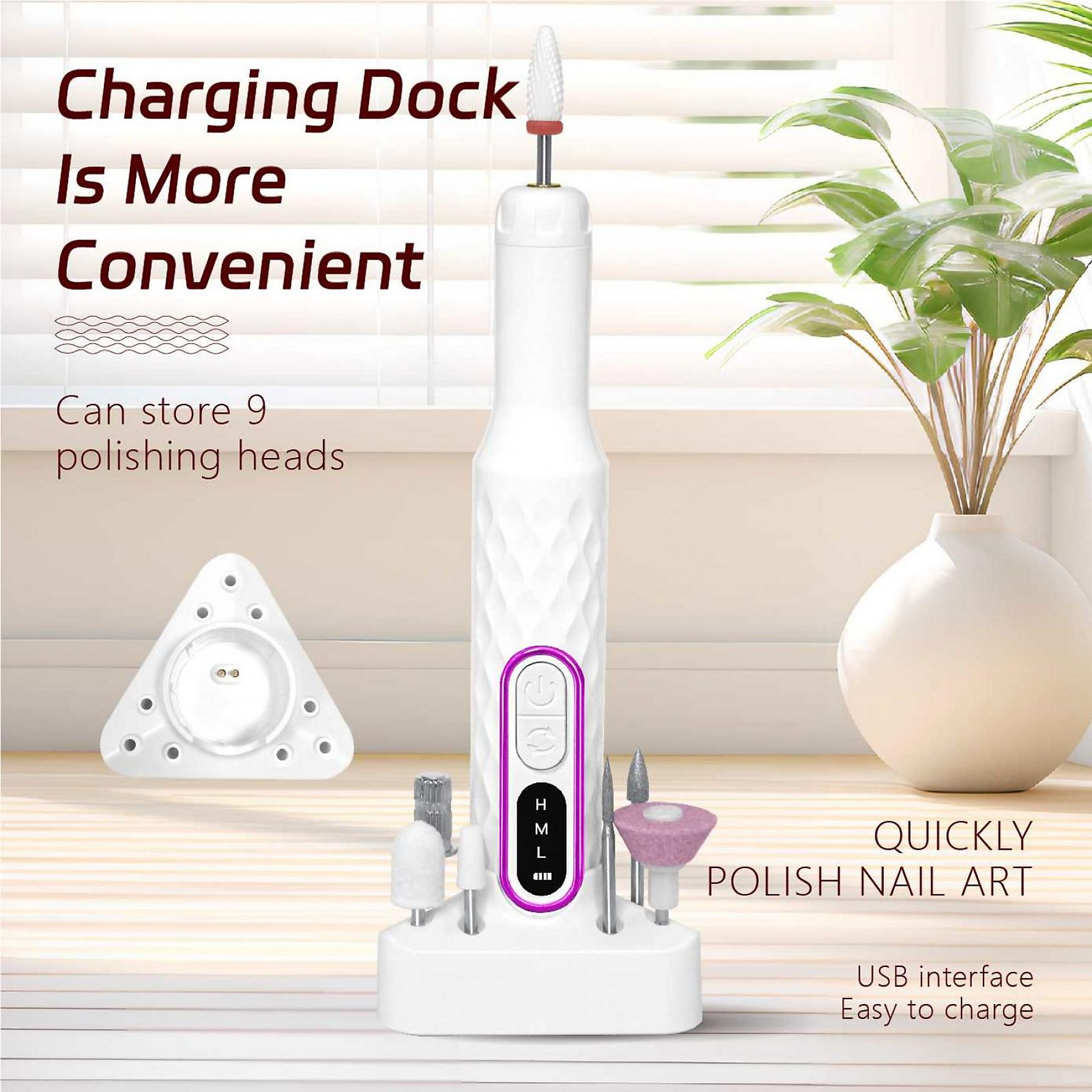 Ein weißer Nagelbohrer mit Aufsätzen wird gezeigt. Der Text lautet: Charging Dock is More Convenient, Quickly Polish Nail Art.