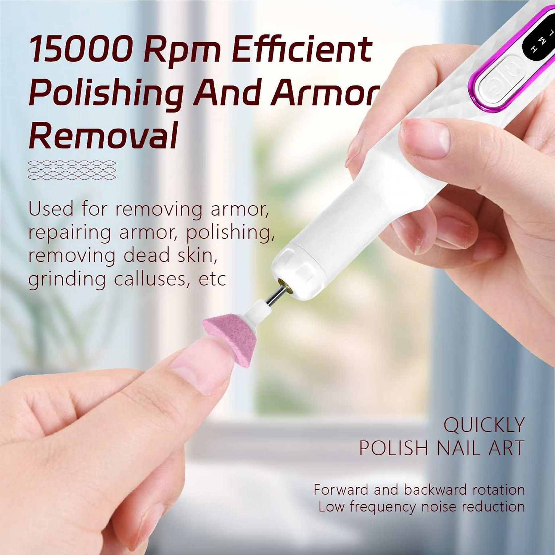 Eine Hand hält einen weißen Nagellack, der einen Fingernagel poliert. Text enthält 'Polieren und Entfernung der Rüstung'.