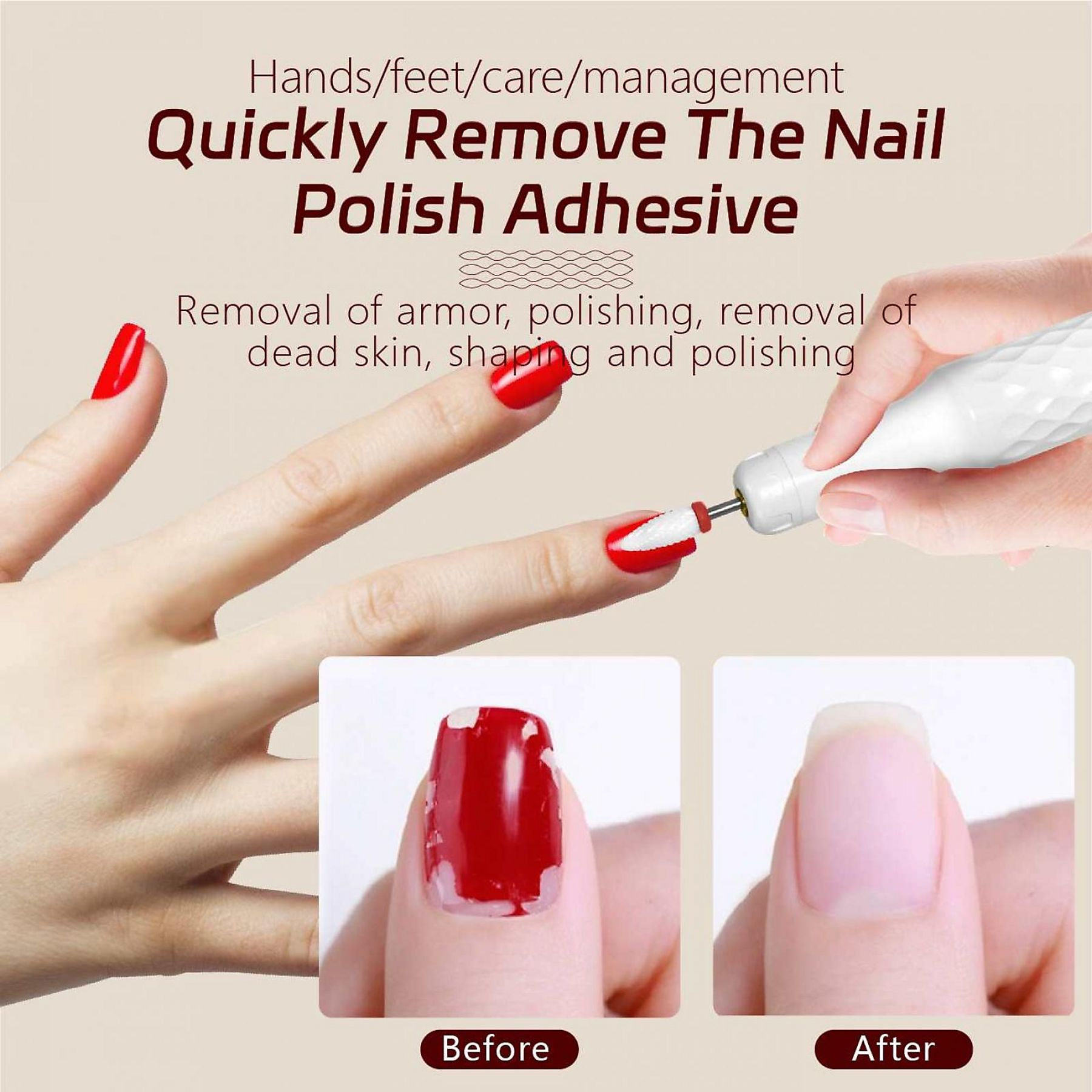 Eine Hand mit rotem Nagellack, der mit einem Werkzeug entfernt wird. Vorher- und Nachher-Bilder zeigen die Nagellackentfernung.
