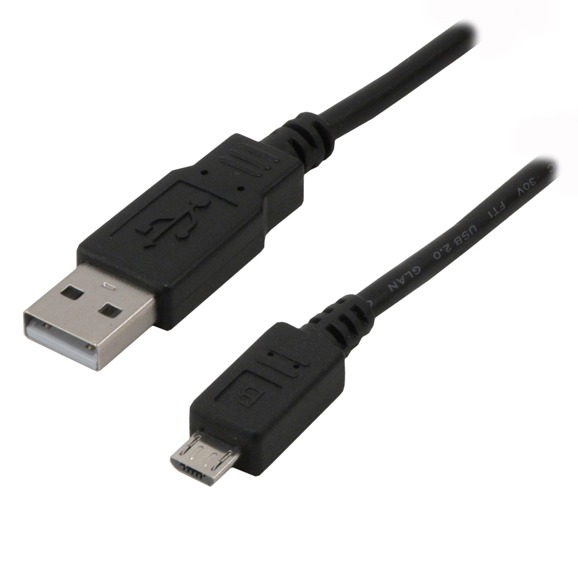 Czarny kabel USB ze standardowym złączem USB i złączem micro USB na białym tle.
