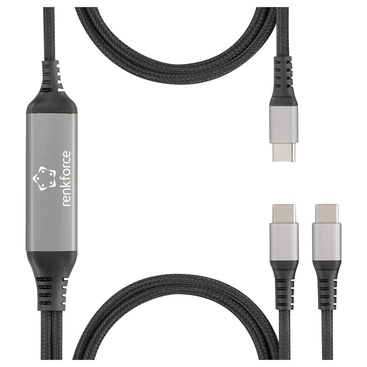 Un cavo USB-C nero e argento con il nome renkforce. Il cavo si trova su sfondo bianco.