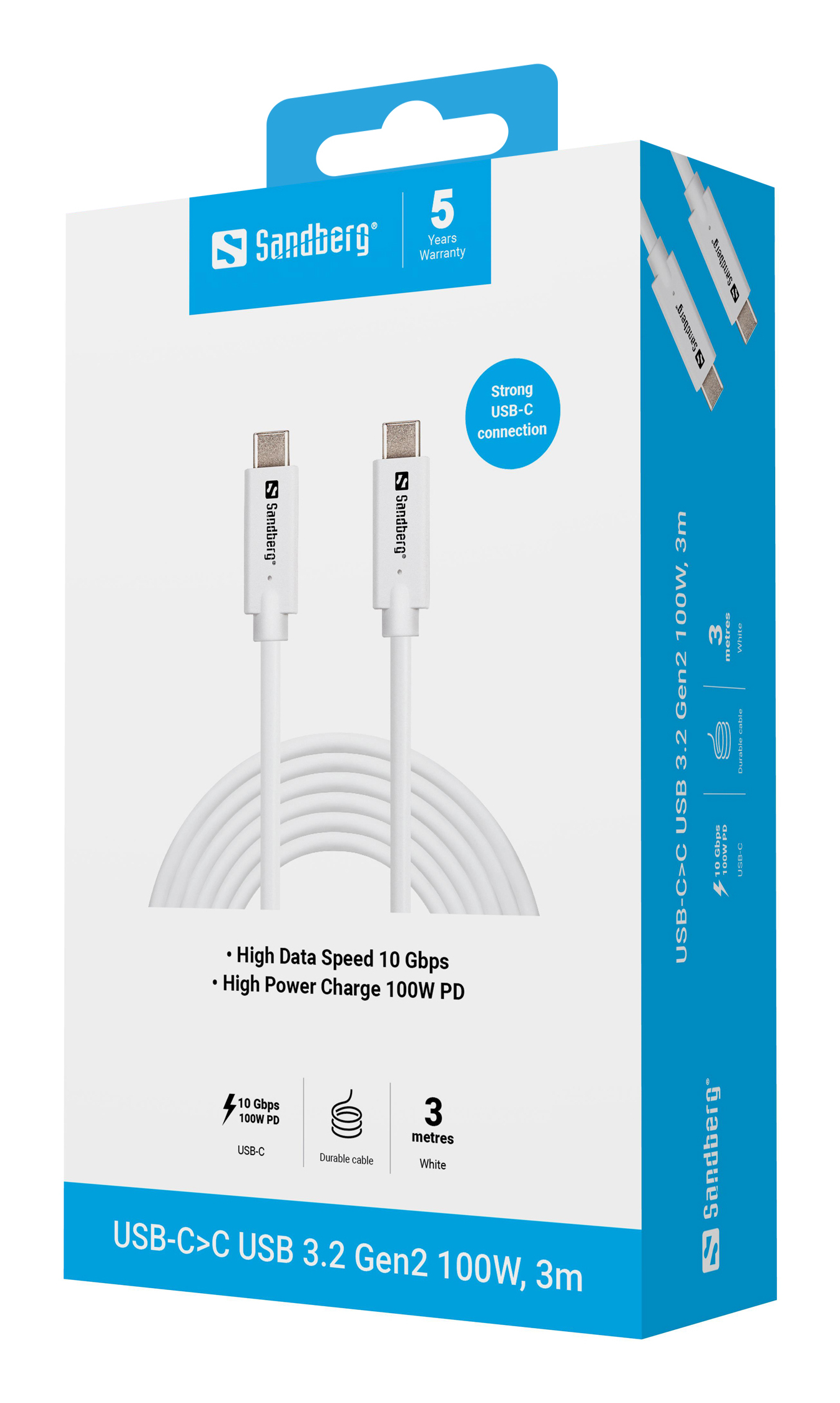 Scatola con cavo USB-C bianco. Logo del marchio Sandberg. Testo: Alta velocità dati, ricarica ad alta potenza. 3 metri, 100W PD.