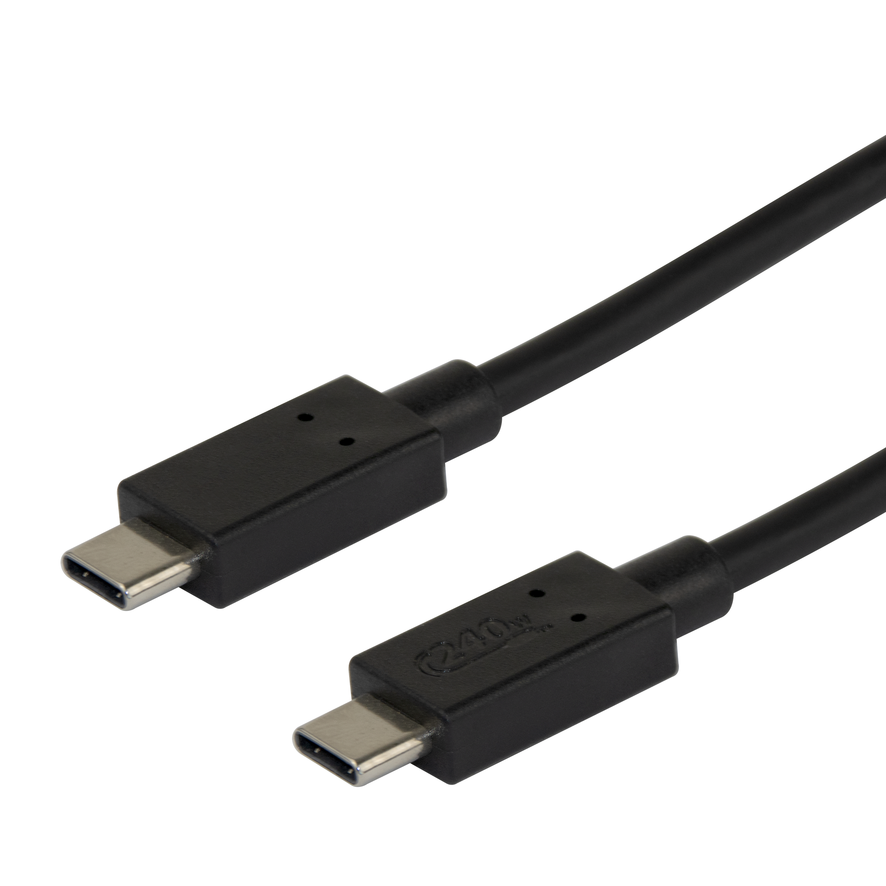 Un cavo USB-C nero su sfondo bianco. Sono visibili due connettori, uno in primo piano e l'altro sullo sfondo.