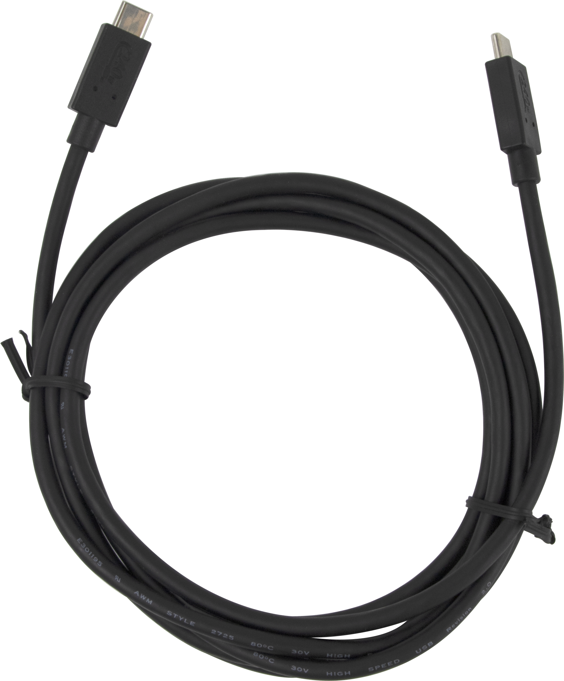 Un cavo USB-C nero, arrotolato e legato. Il cavo ha connettori ad entrambe le estremità e segni lungo la sua lunghezza.