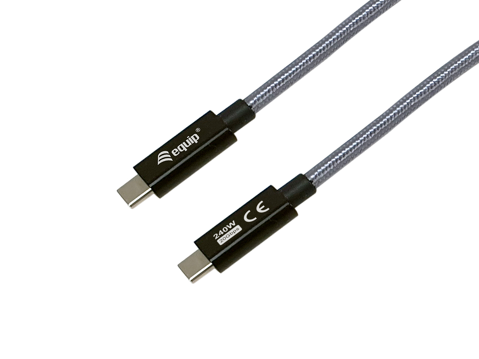 Dwa kable USB-C, szare plecione, z czarnymi złączami. Jeden mówi 'equip', drugi '240W 20Gbps CE'.
