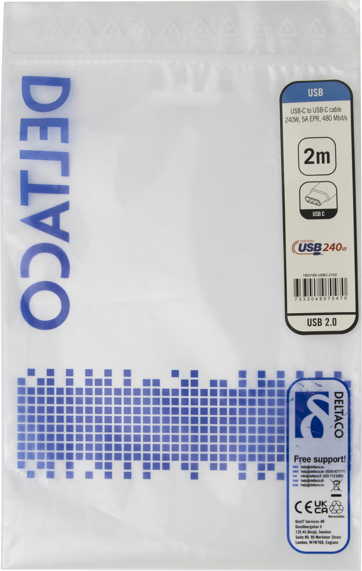 Un pacchetto di plastica trasparente contenente un cavo USB-C a USB-C. Ha testo blu e un motivo a quadrati blu. Il cavo è lungo 2 metri.