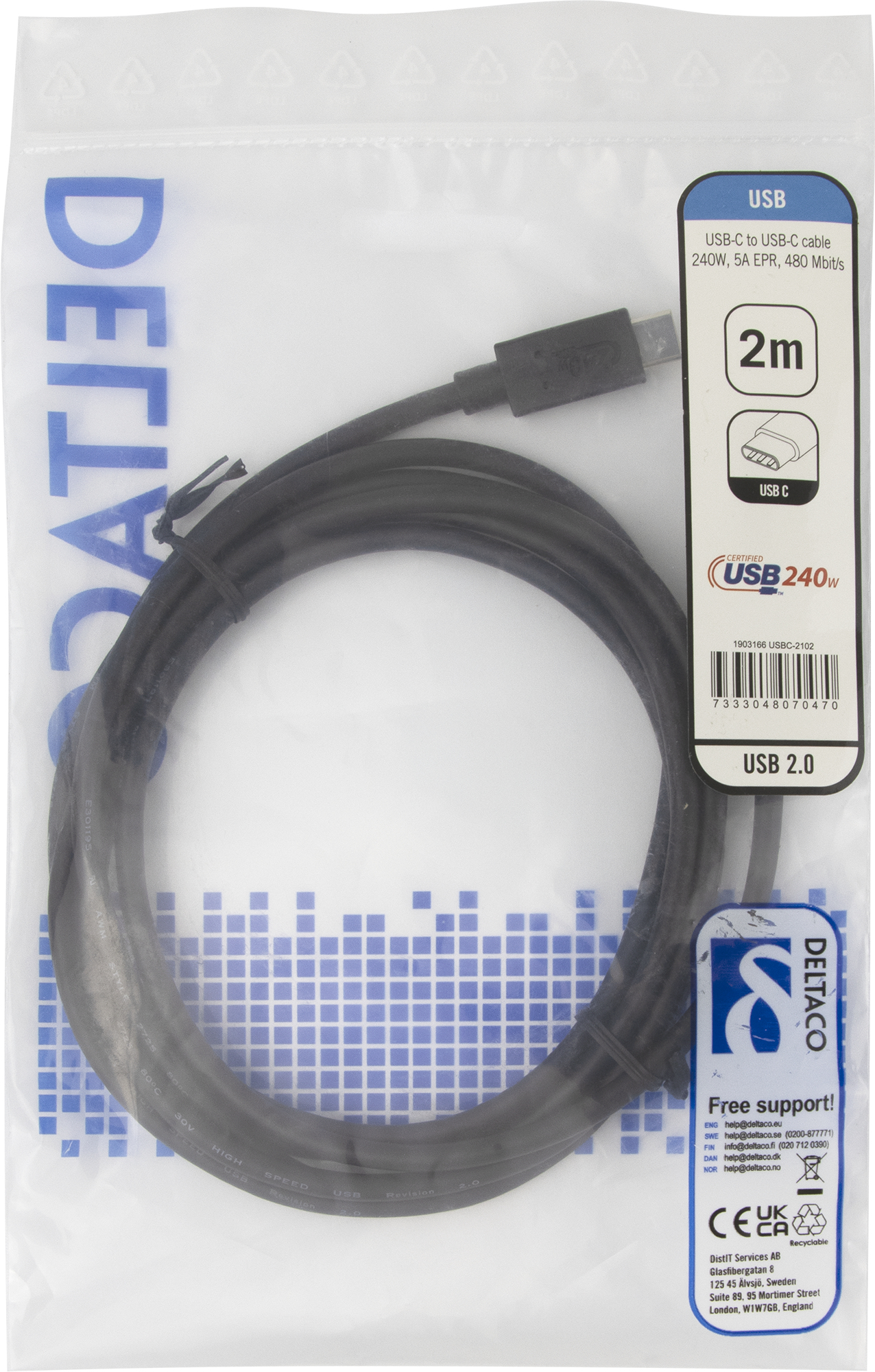 Un cavo da USB-C a USB-C in una confezione di plastica trasparente. La confezione ha testo e icone ed è etichettata 'DELTACO'.