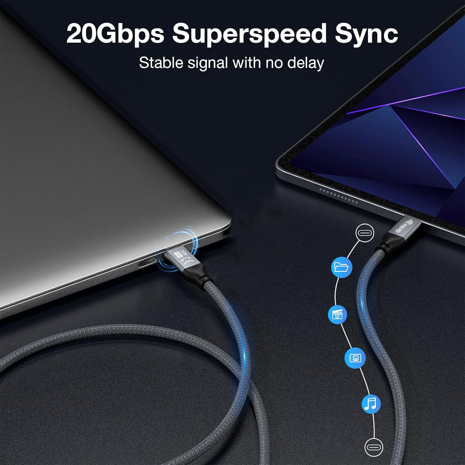 Szary kabel USB-C łączy laptopa i tablet. Obraz promuje 20 Gbps Superspeed Sync ze stabilnym sygnałem i bez opóźnień.
